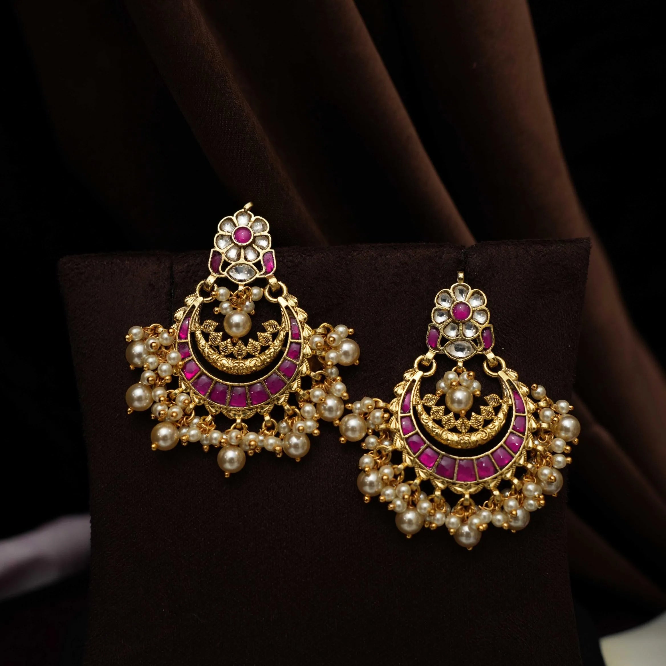 Firdaus Polki Chandbali Earrings - Reddish Pink