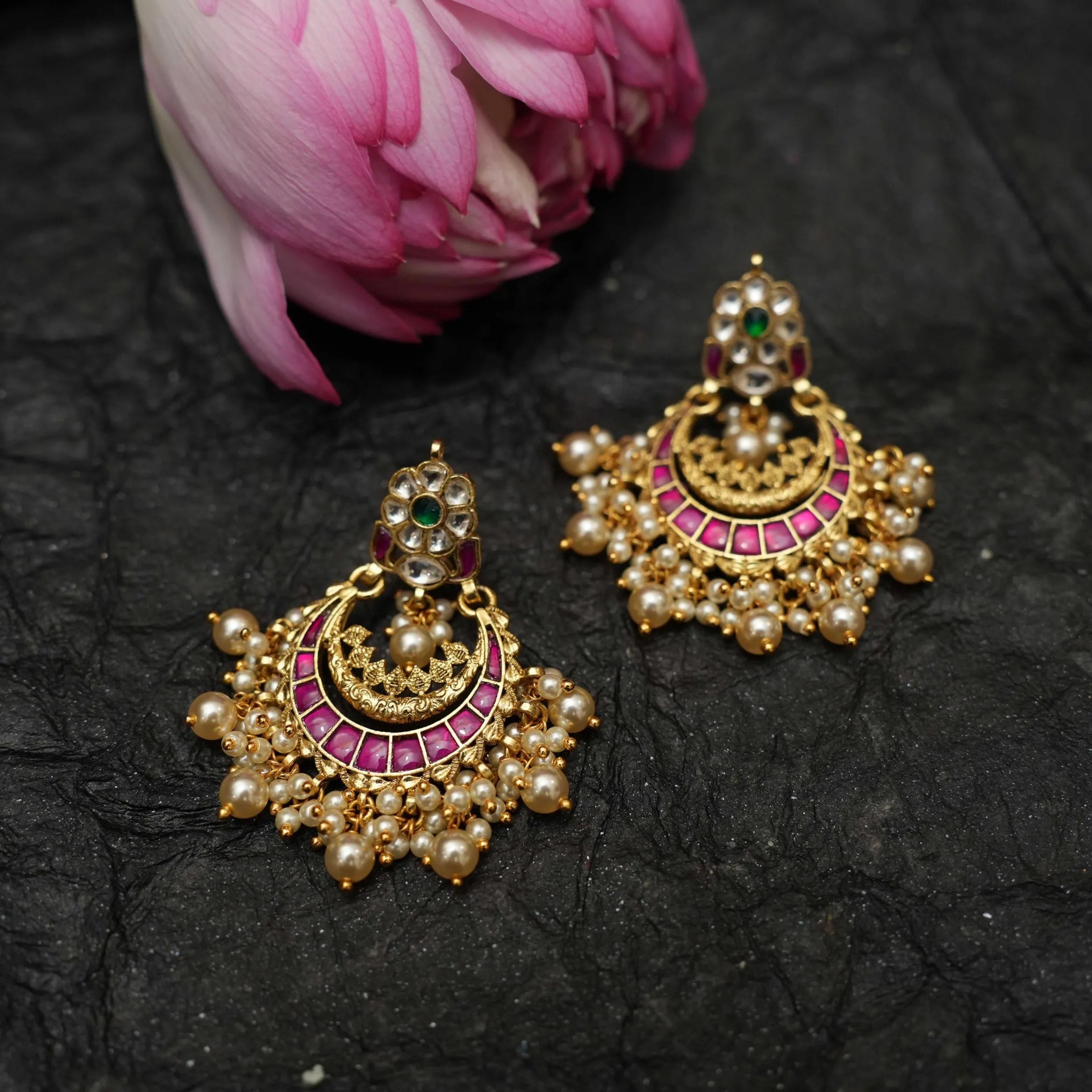 Firdaus Polki Chandbali Earrings - Red & Green