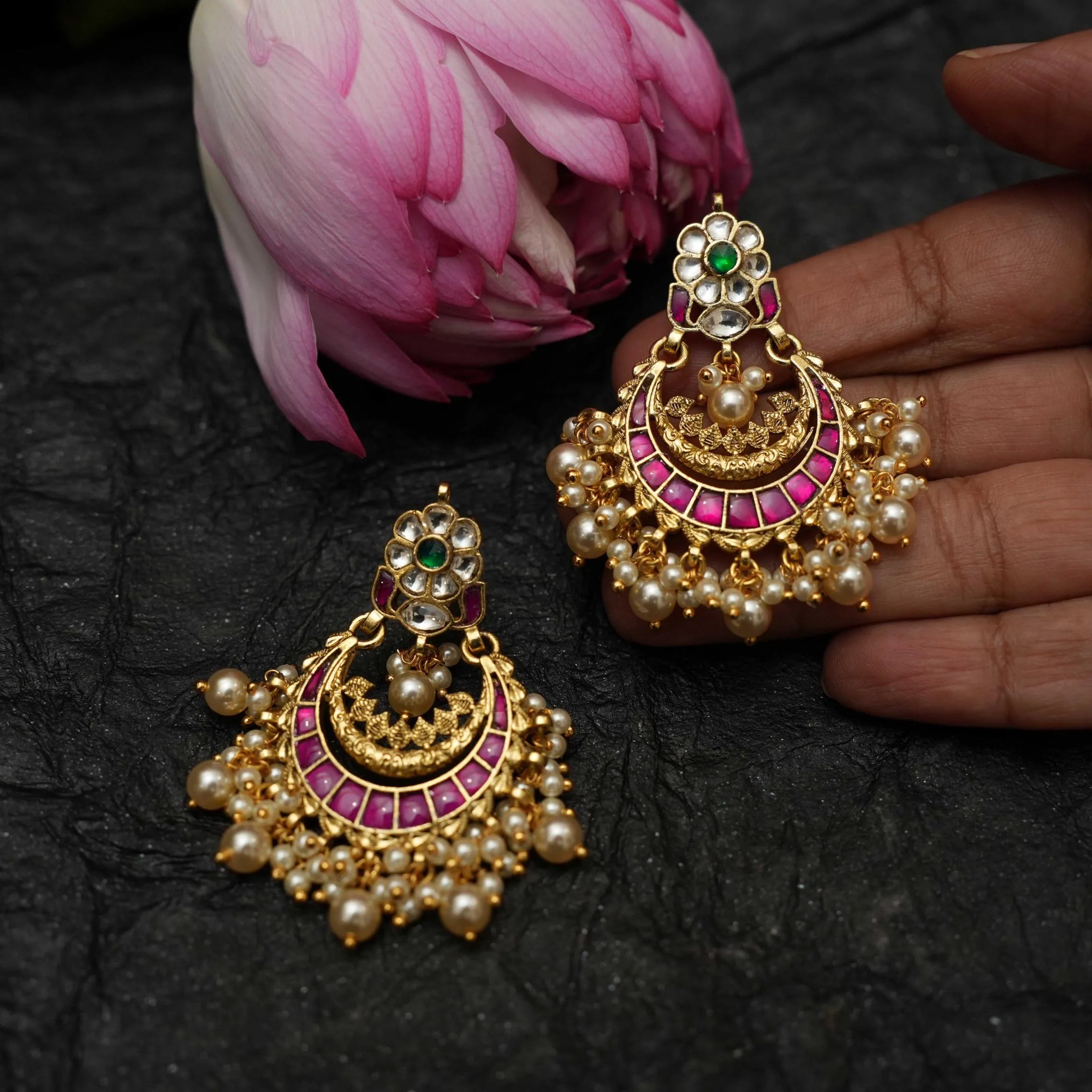 Firdaus Polki Chandbali Earrings - Red & Green