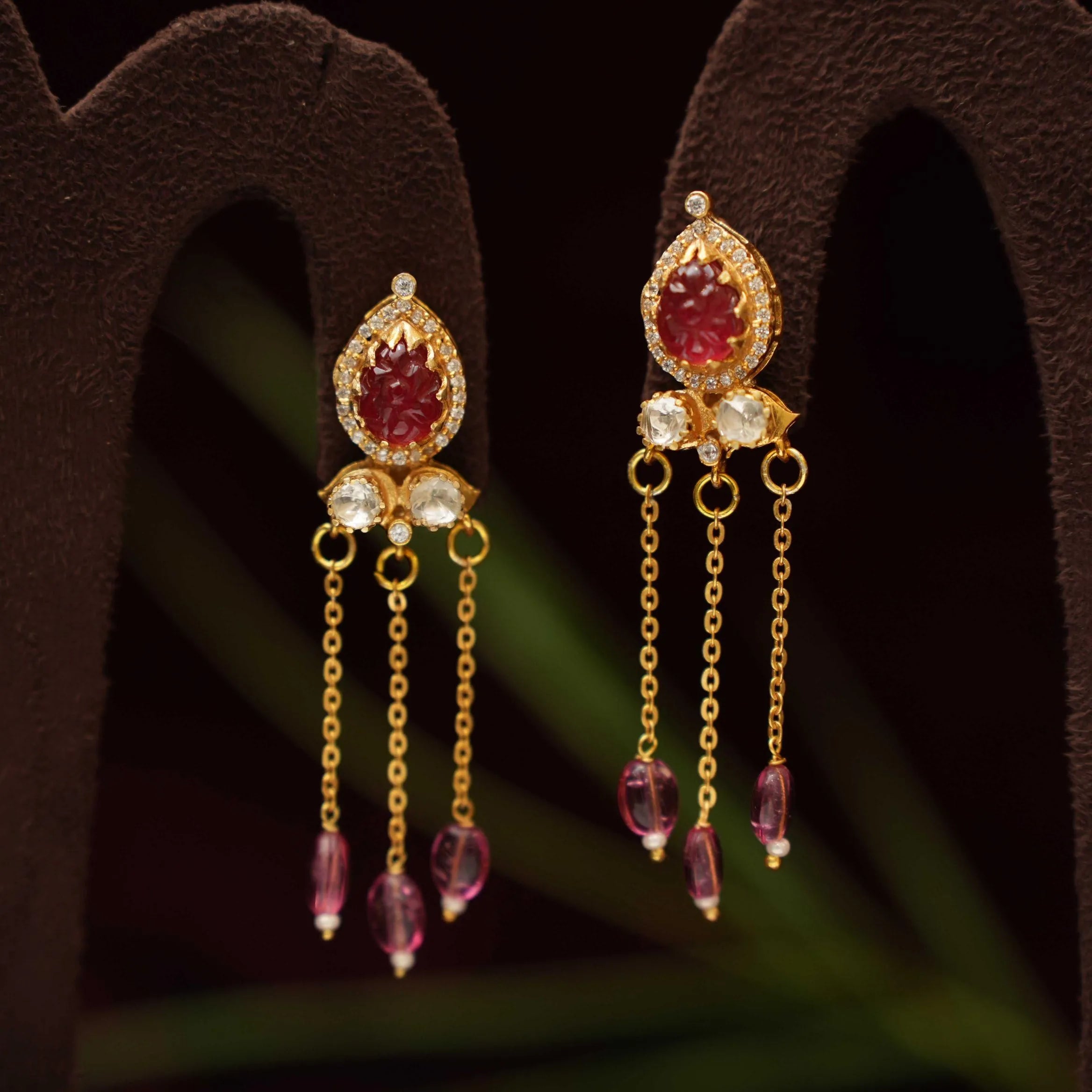 Ganak Silver Tassel Earrings - Red