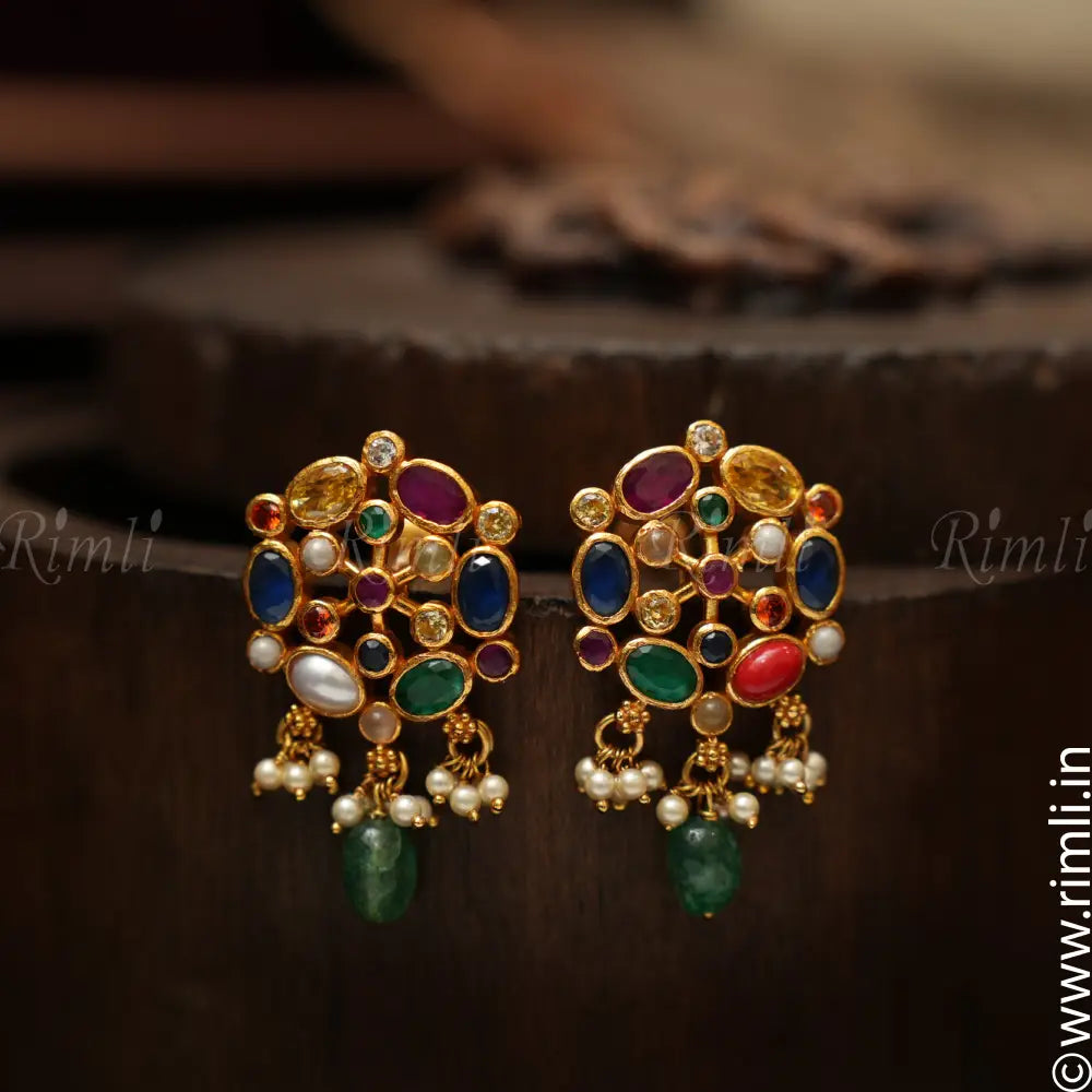 Ganavi Silver Navarathna Ear stud - Rimli Boutique