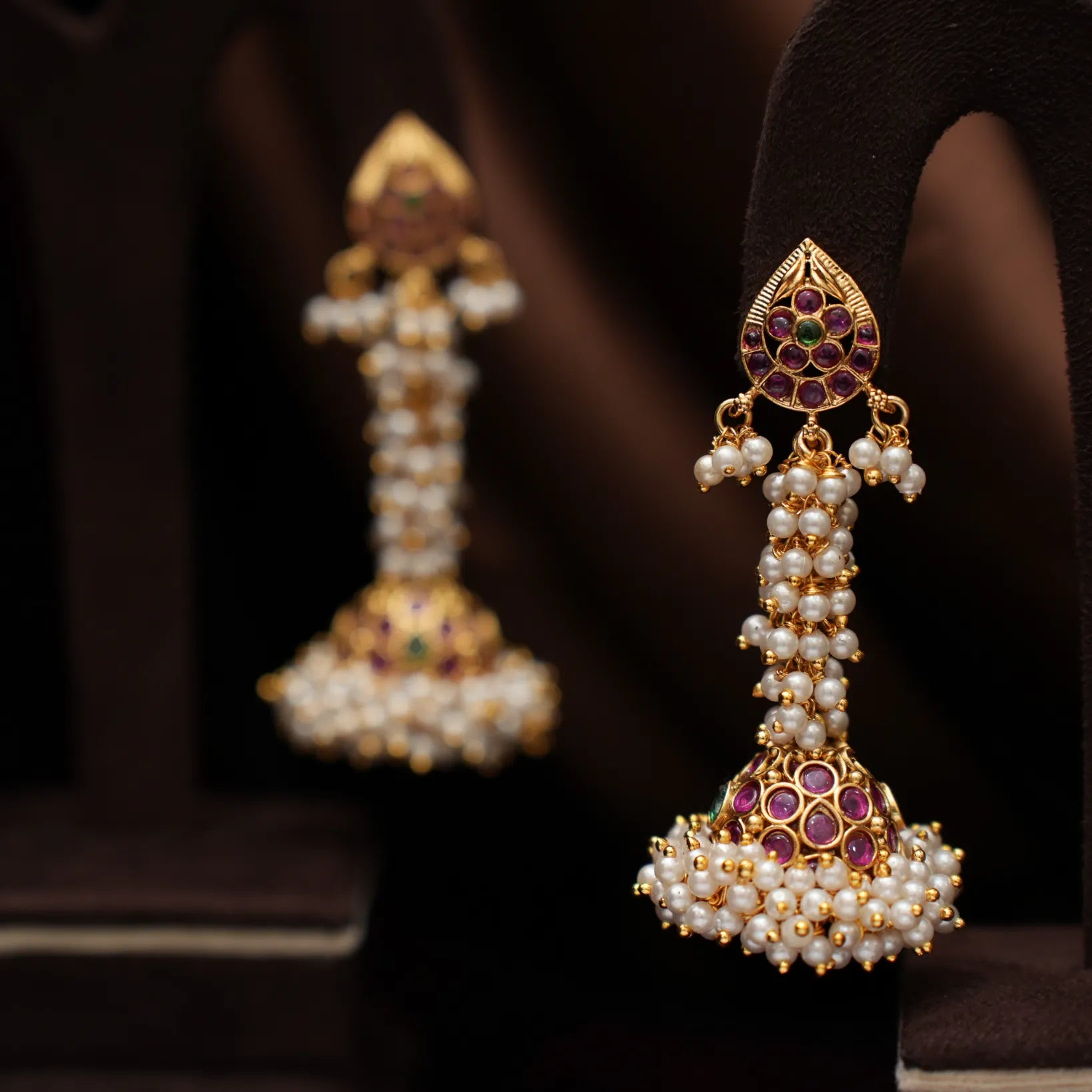 Gauri Antique Jhumka Earrings - Red & Green