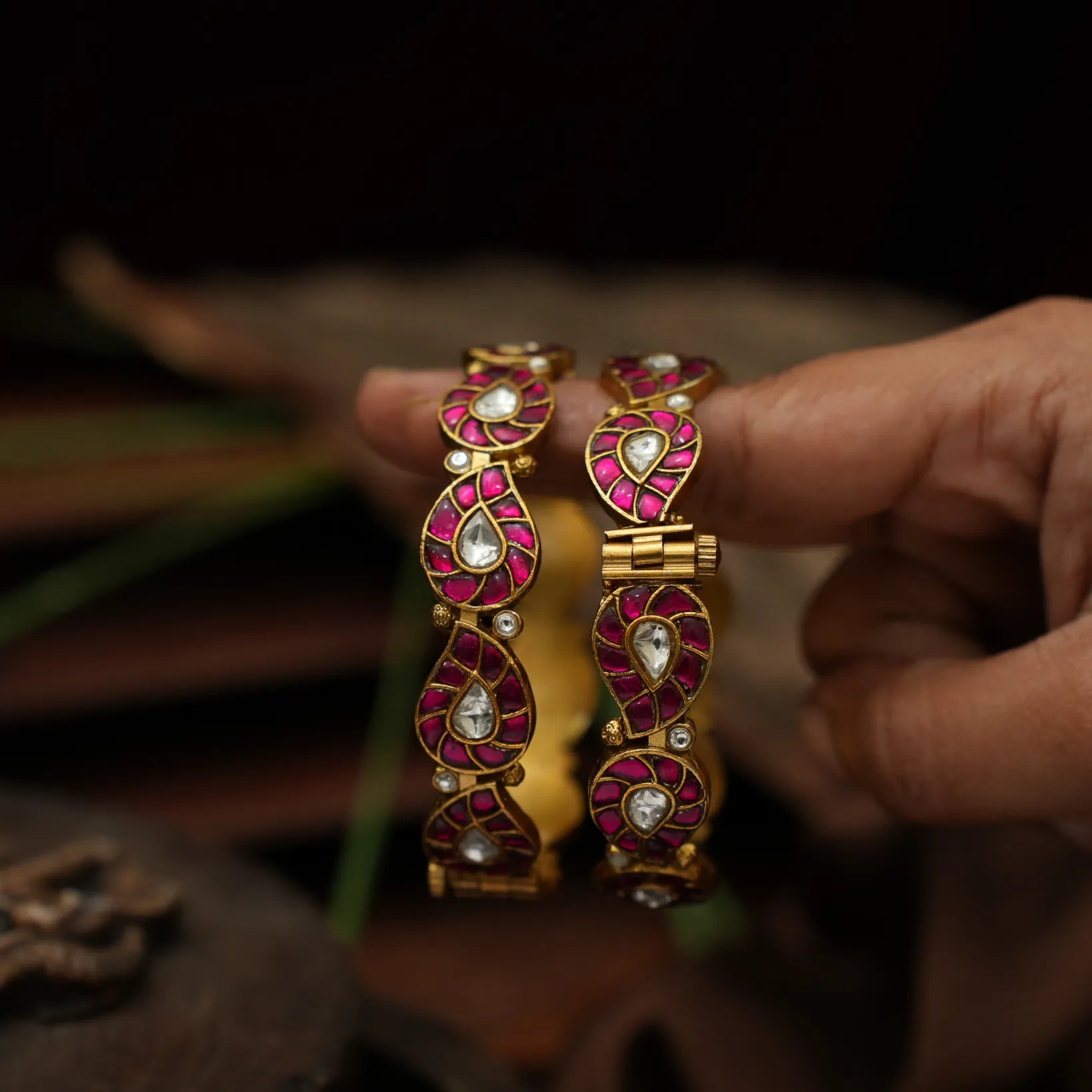 Gyanvi Polki Bangles - Reddish Pink