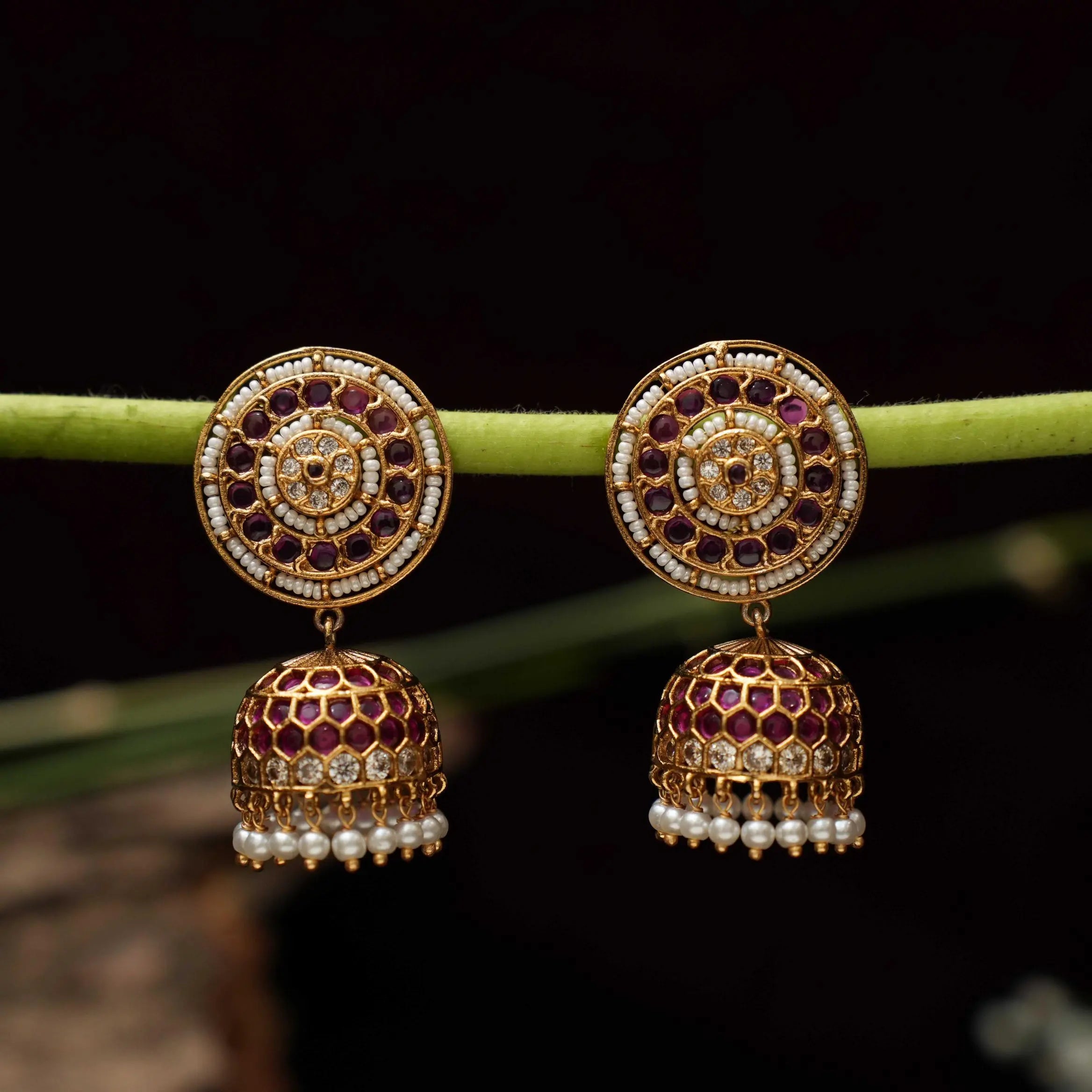 Hamlata Antique Jhumka Earrings - Red