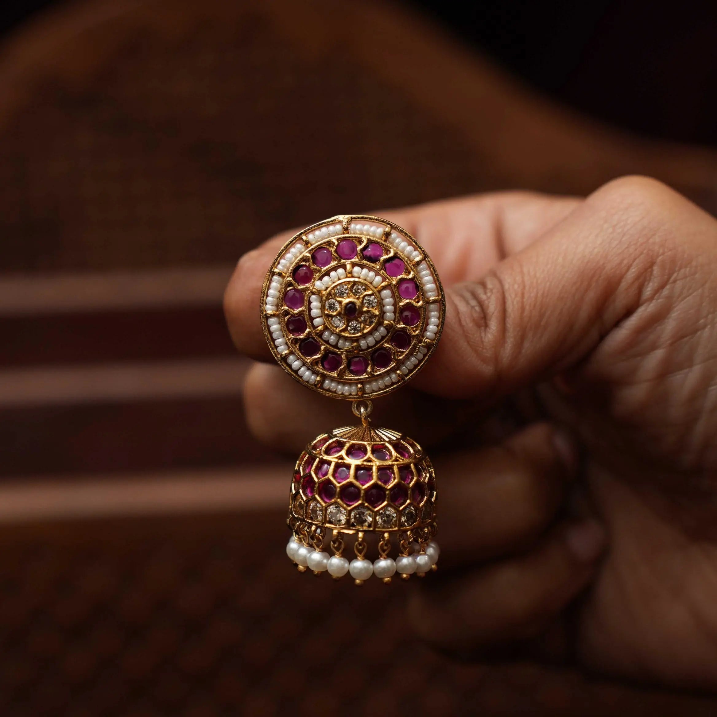 Hamlata Antique Jhumka Earrings - Red