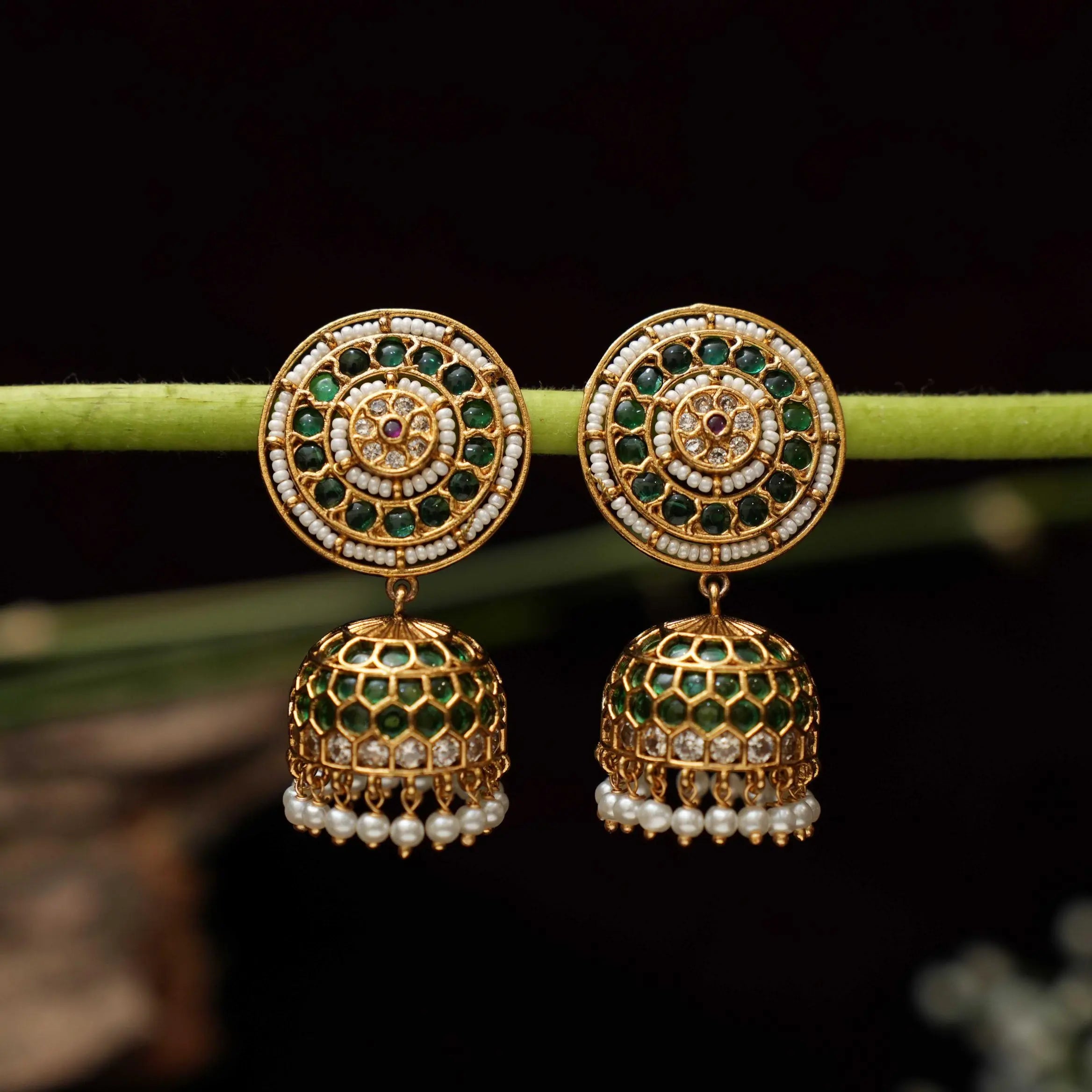 Hamlata Antique Jhumka Earrings - Green