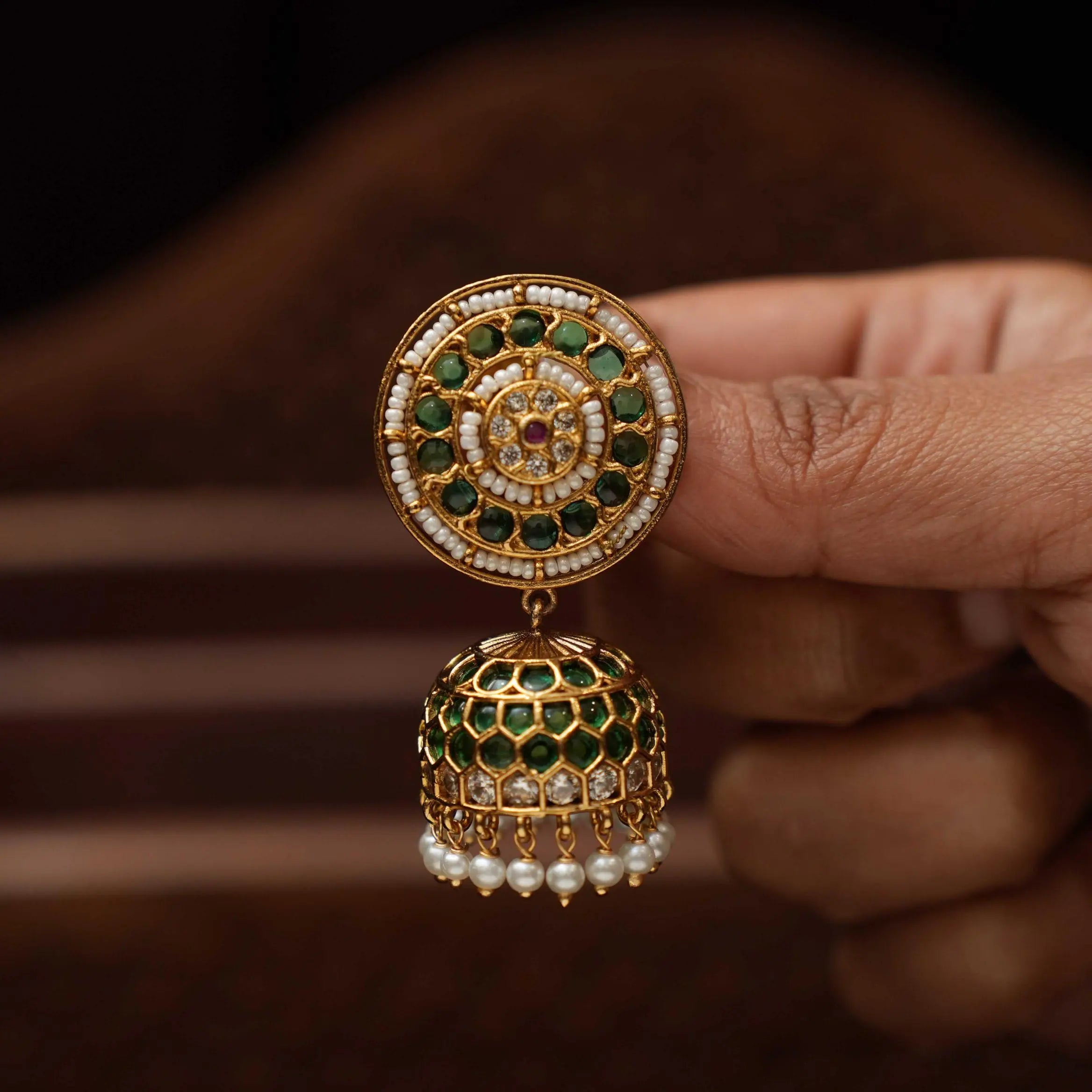 Hamlata Antique Jhumka Earrings - Green