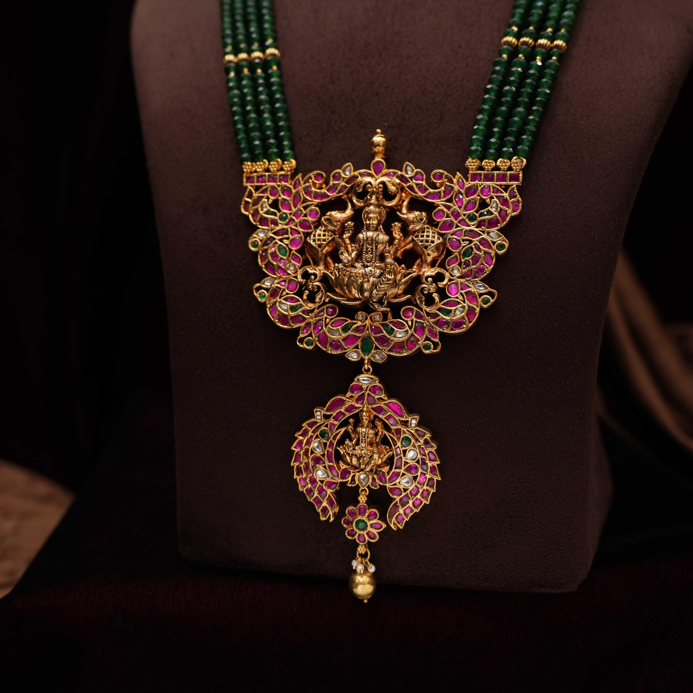 Harshali Antique Beaded Necklace - Dark Green