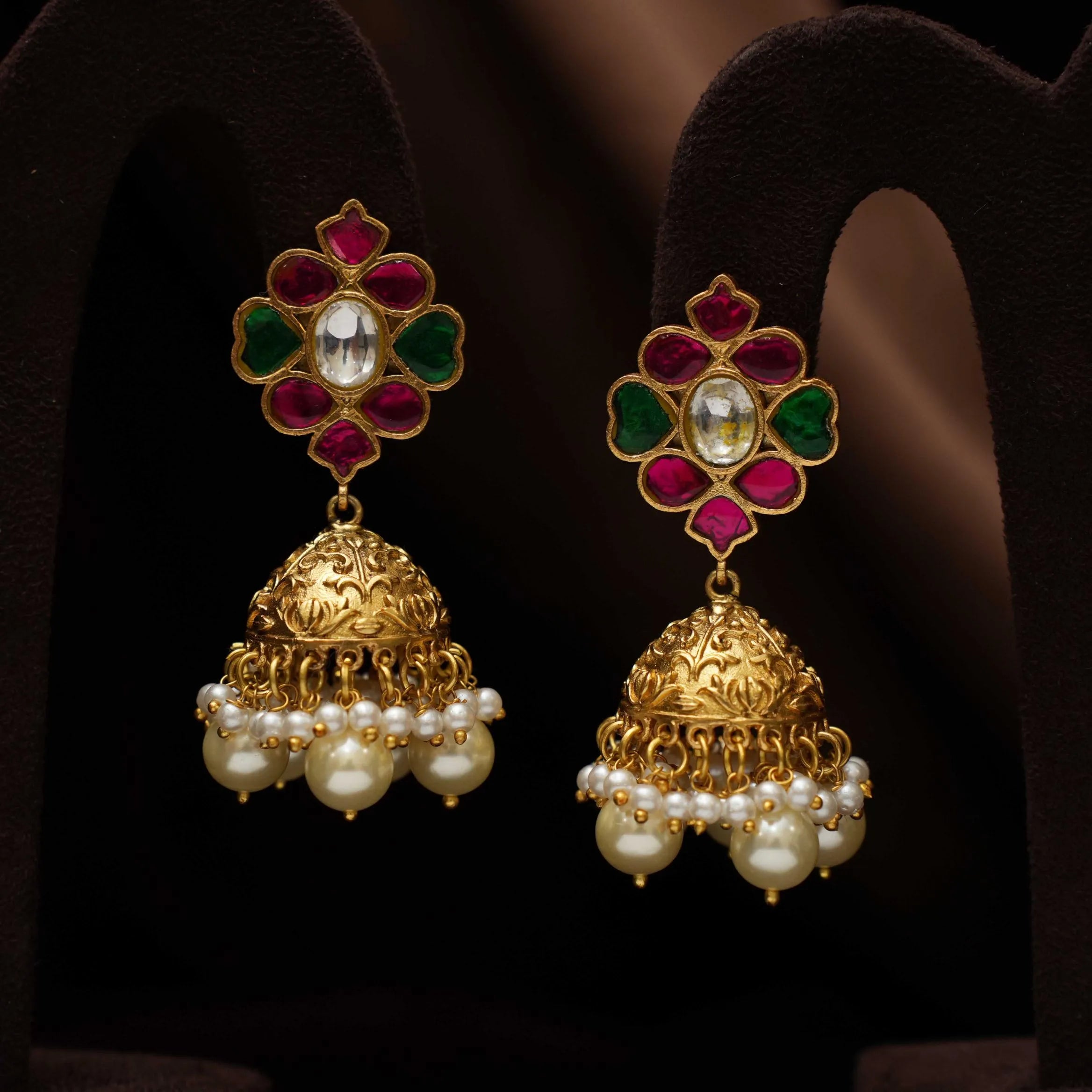 Harshini Polki Jhumka Earrings - Pearl