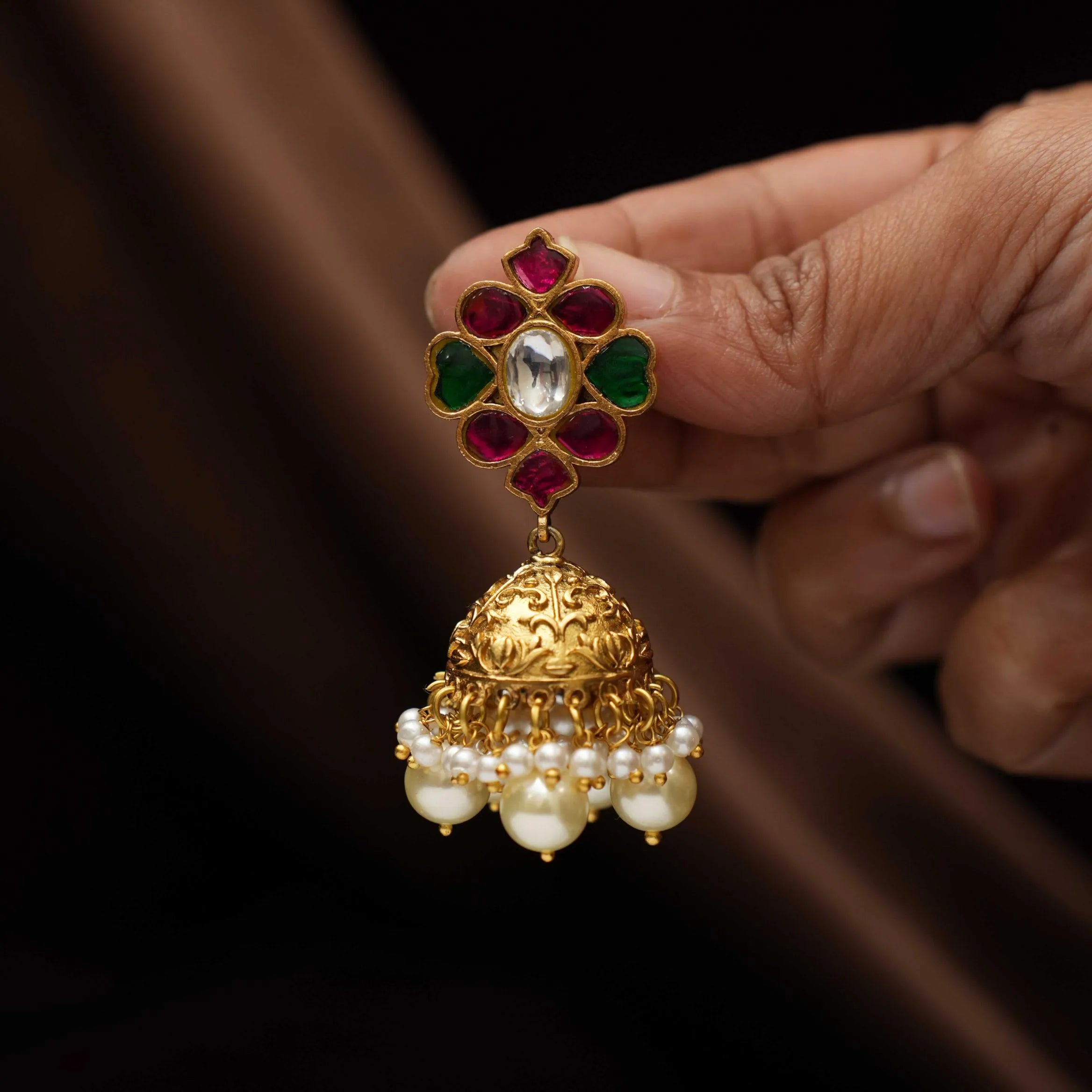Harshini Polki Jhumka Earrings - Pearl