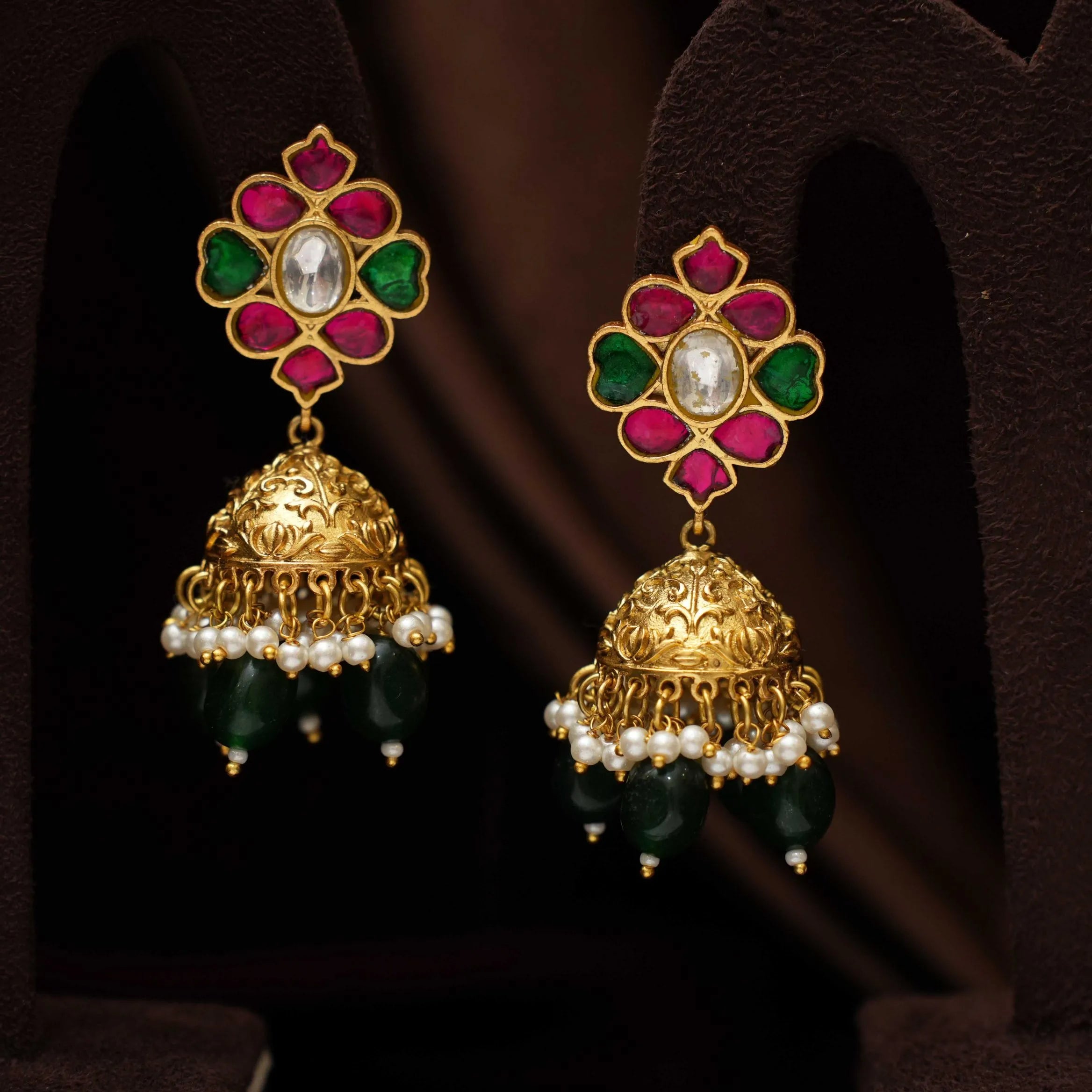 Harshini Polki Jhumka Earrings - Dark Green