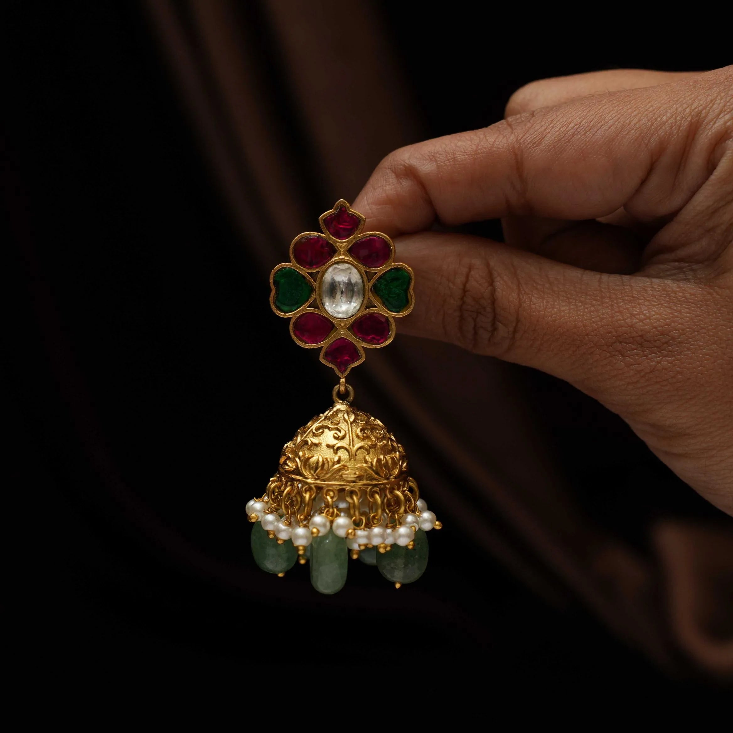 Harshini Polki Jhumka Earrings - Pastel Green