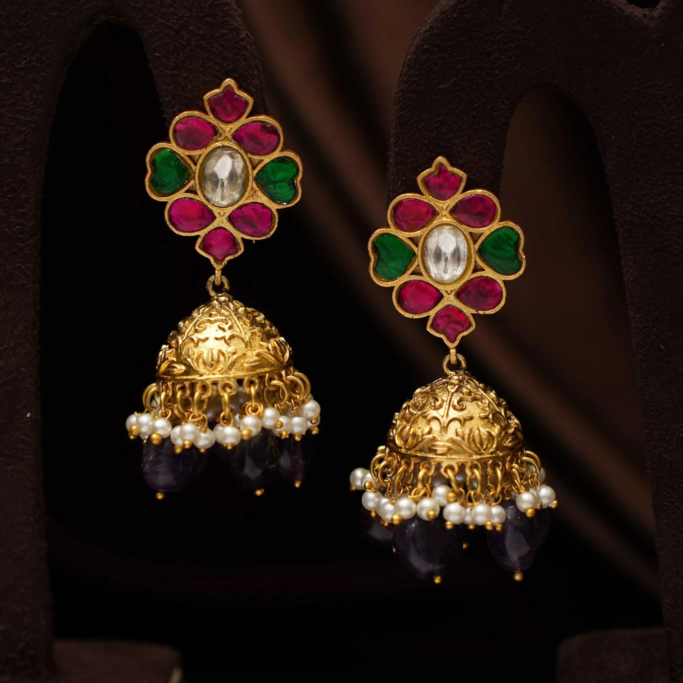 Harshini Polki Jhumka Earrings - Purple
