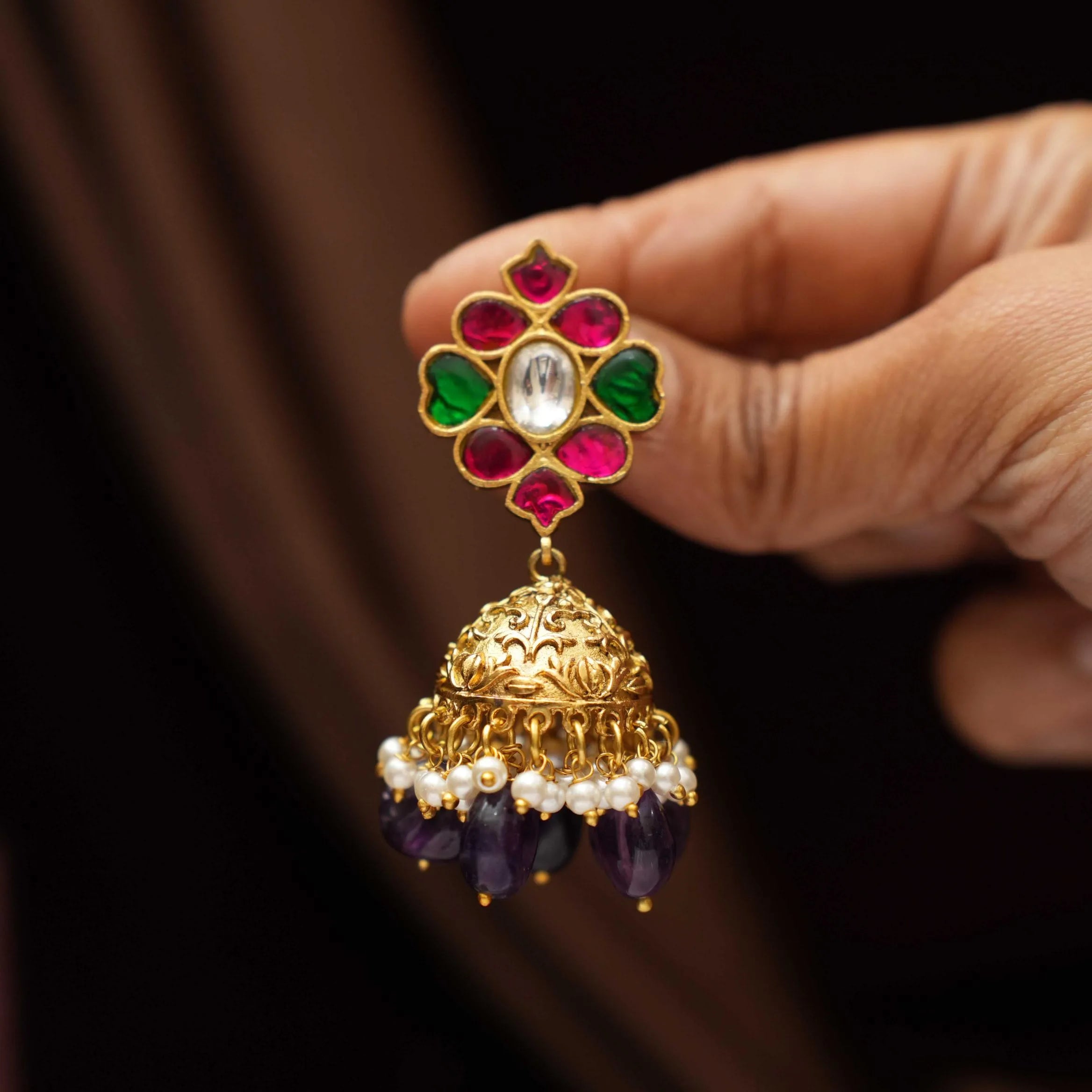 Harshini Polki Jhumka Earrings - Purple