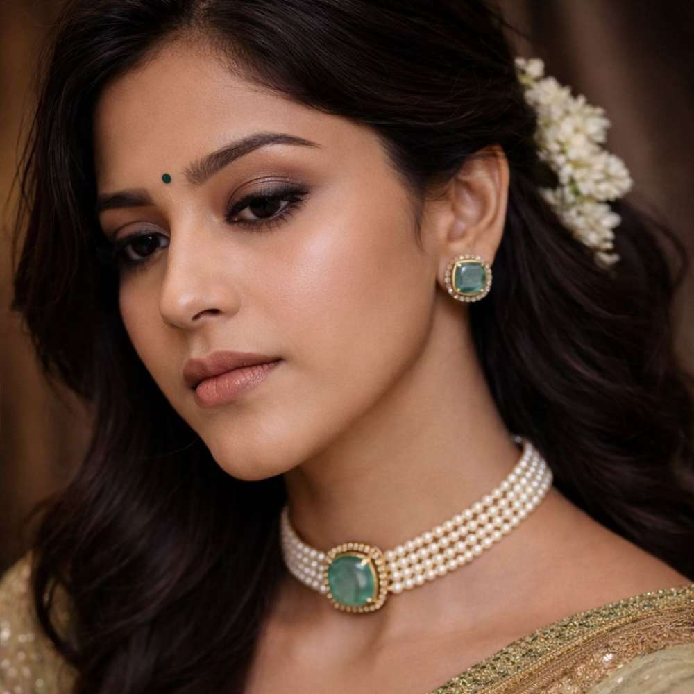 Himani Beaded Pearl Choker - Aqua Blue