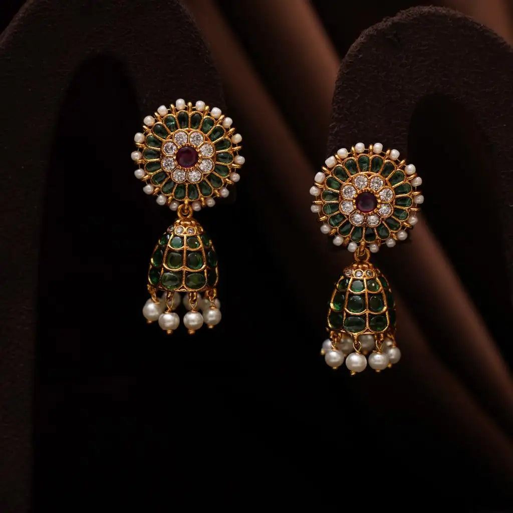 Hina Antique Jhumka Earrings - Green