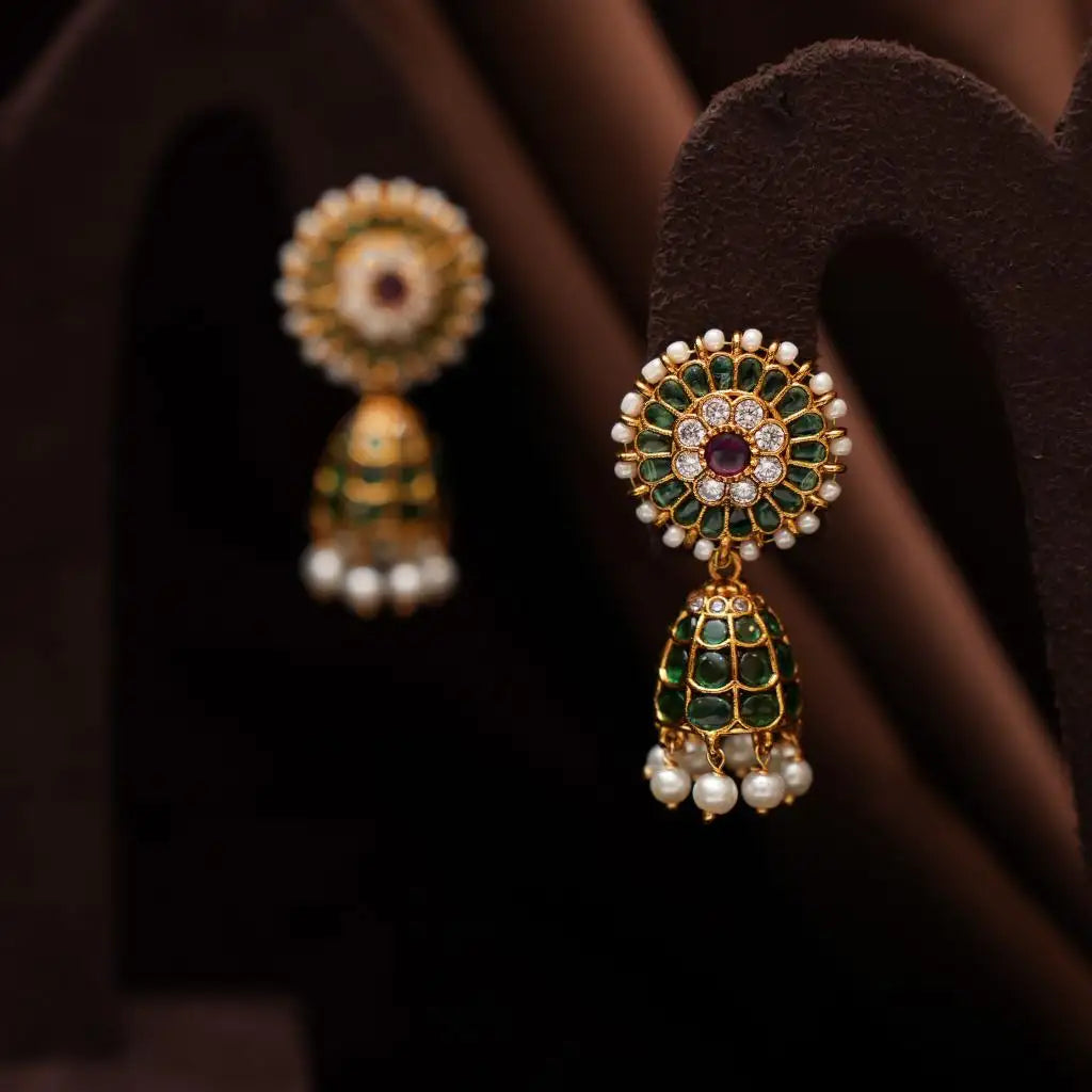Hina Antique Jhumka Earrings - Green