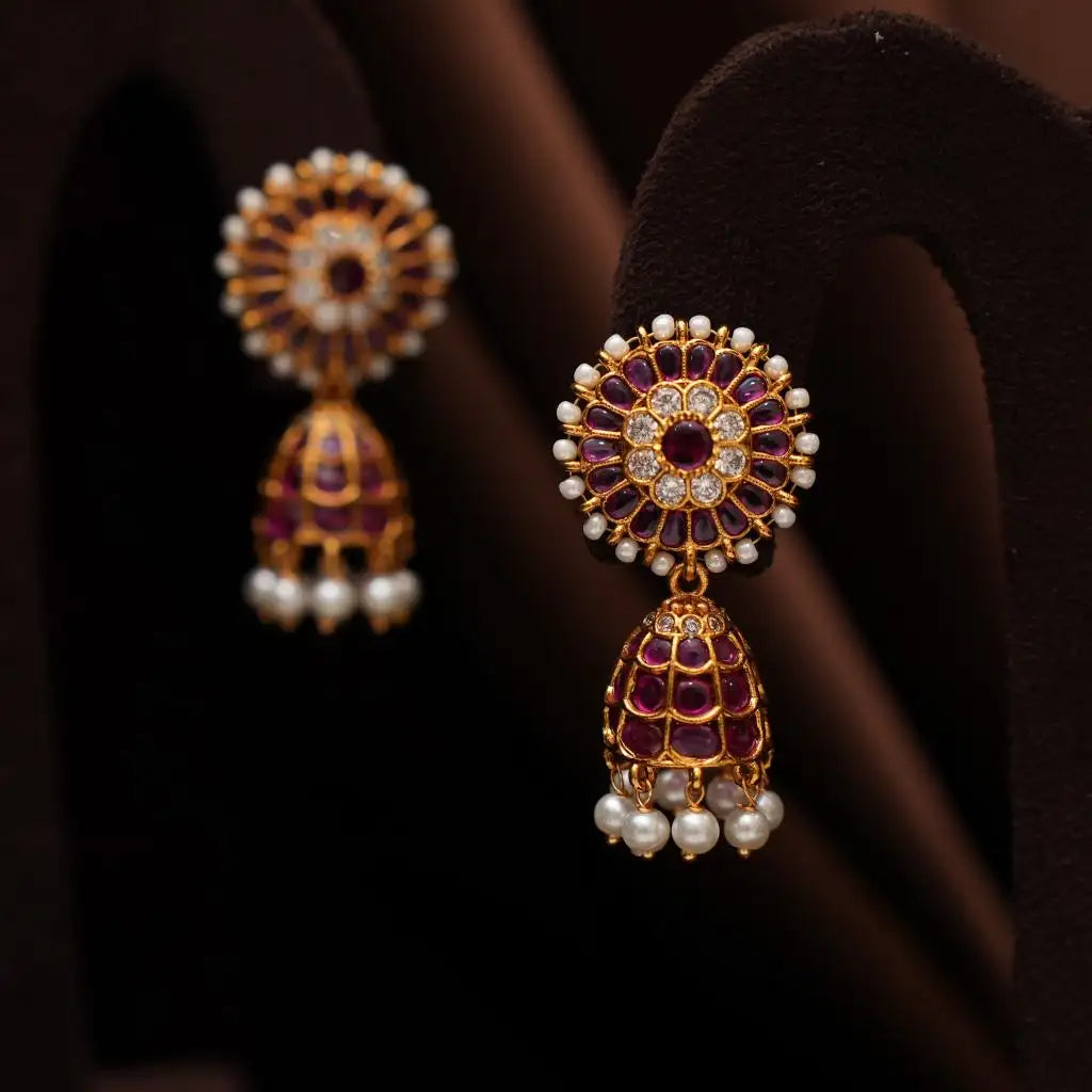 Hina Antique Jhumka Earrings - Red