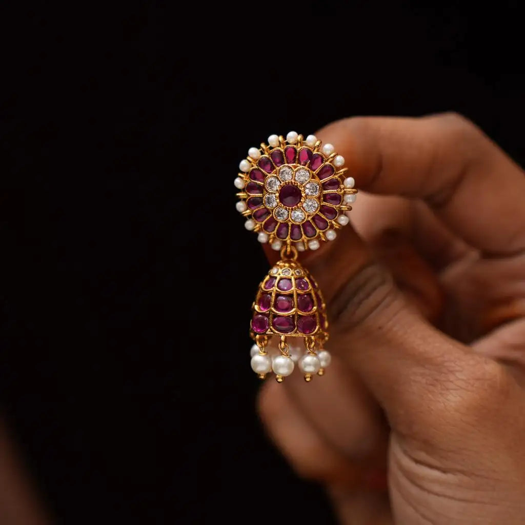 Hina Antique Jhumka Earrings - Red