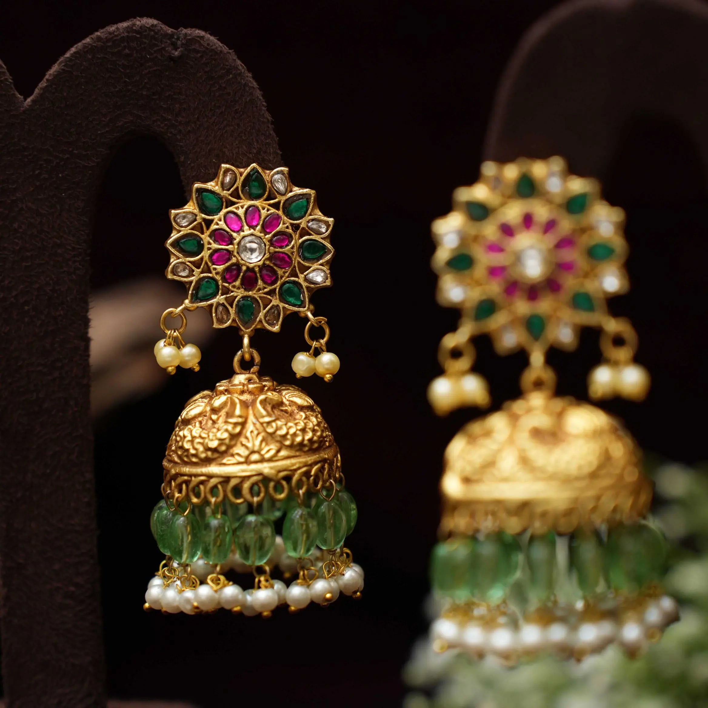 Hiral Antique Jhumka Earrings - Green