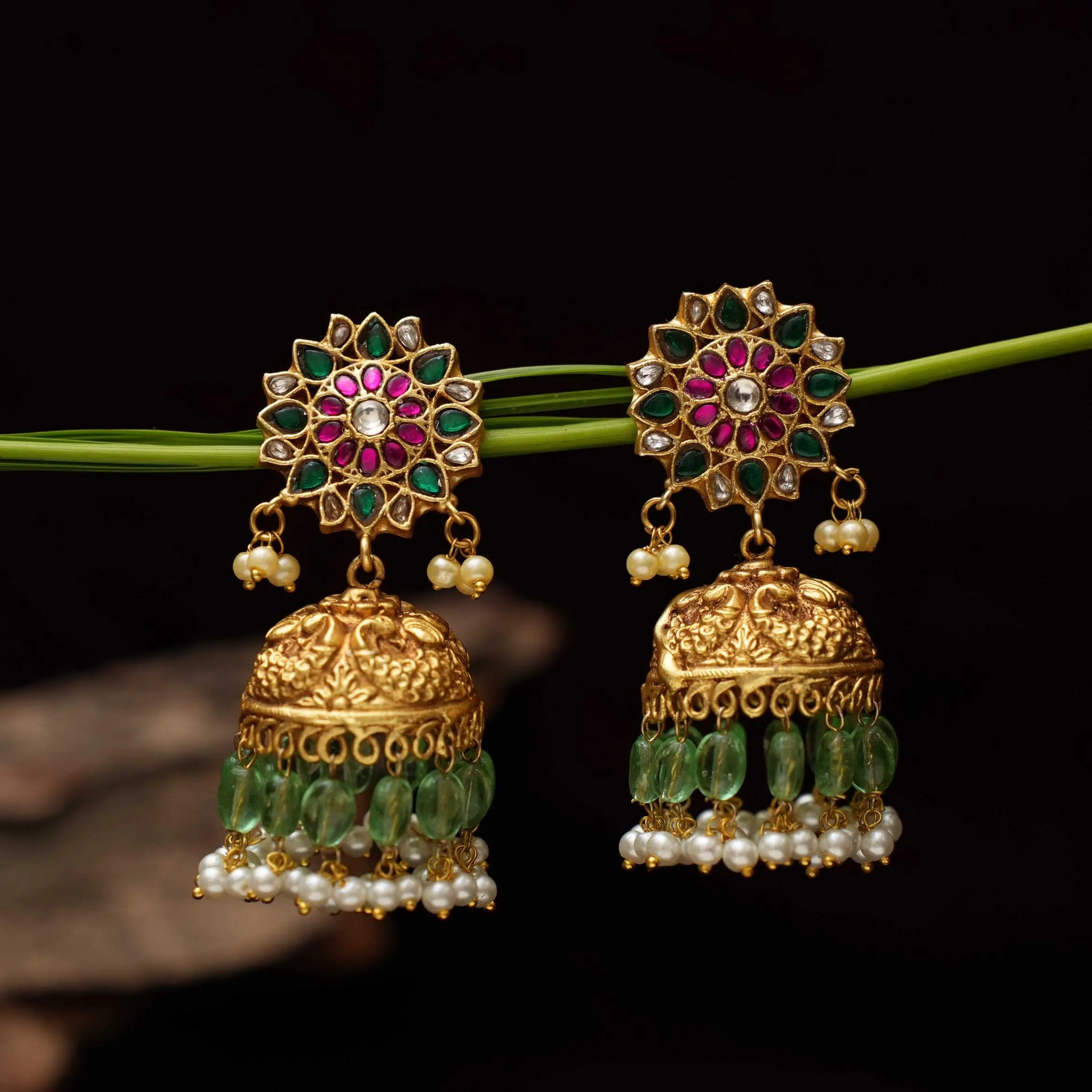 Hiral Antique Jhumka Earrings - Green