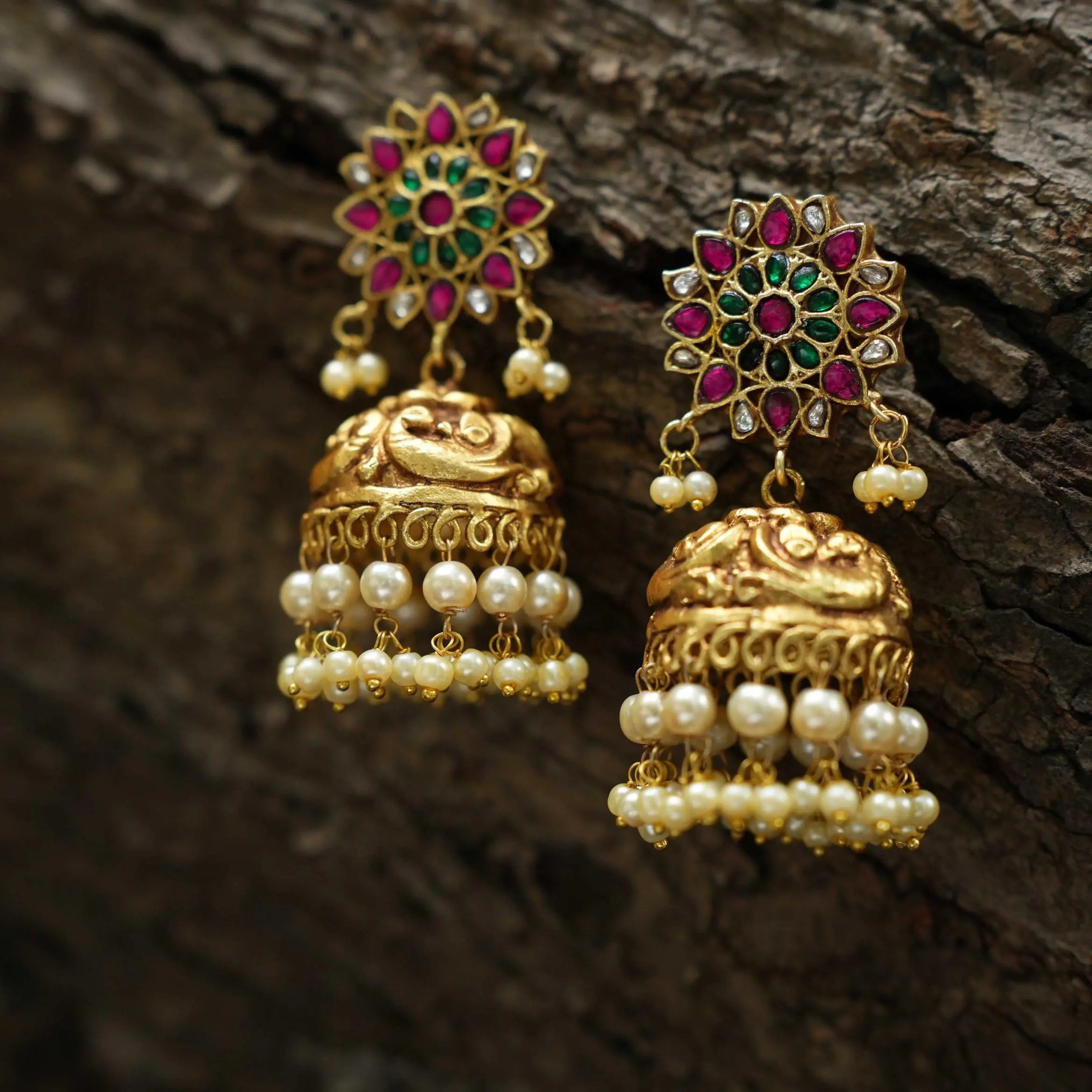 Hiral Antique Jhumka Earrings - Pearl