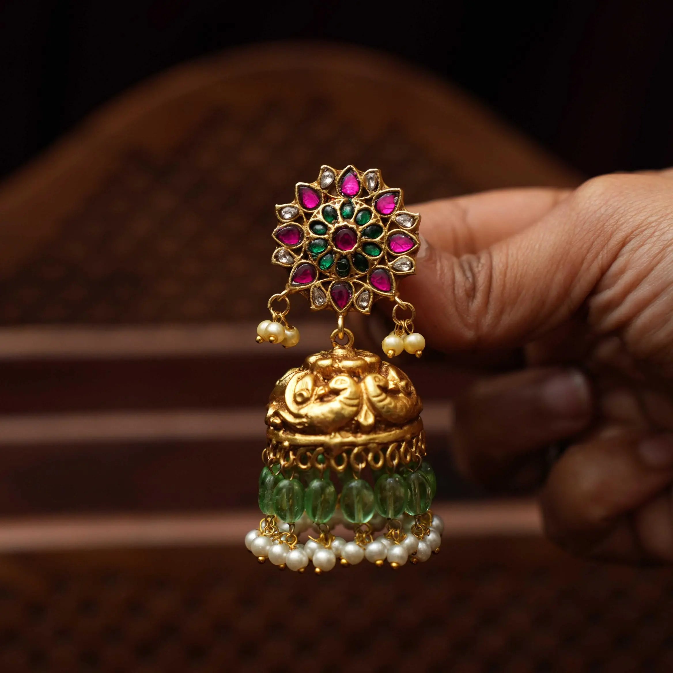 Hiral Antique Jhumka Earrings - Red