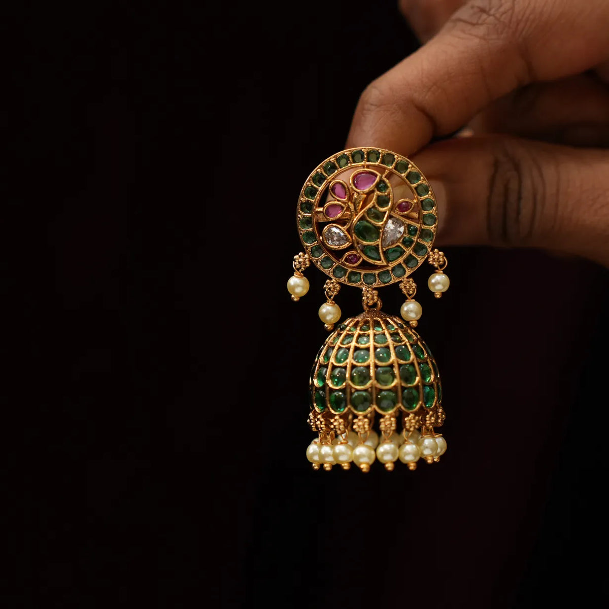 Hridya Antique Jhumka Earrings - Green