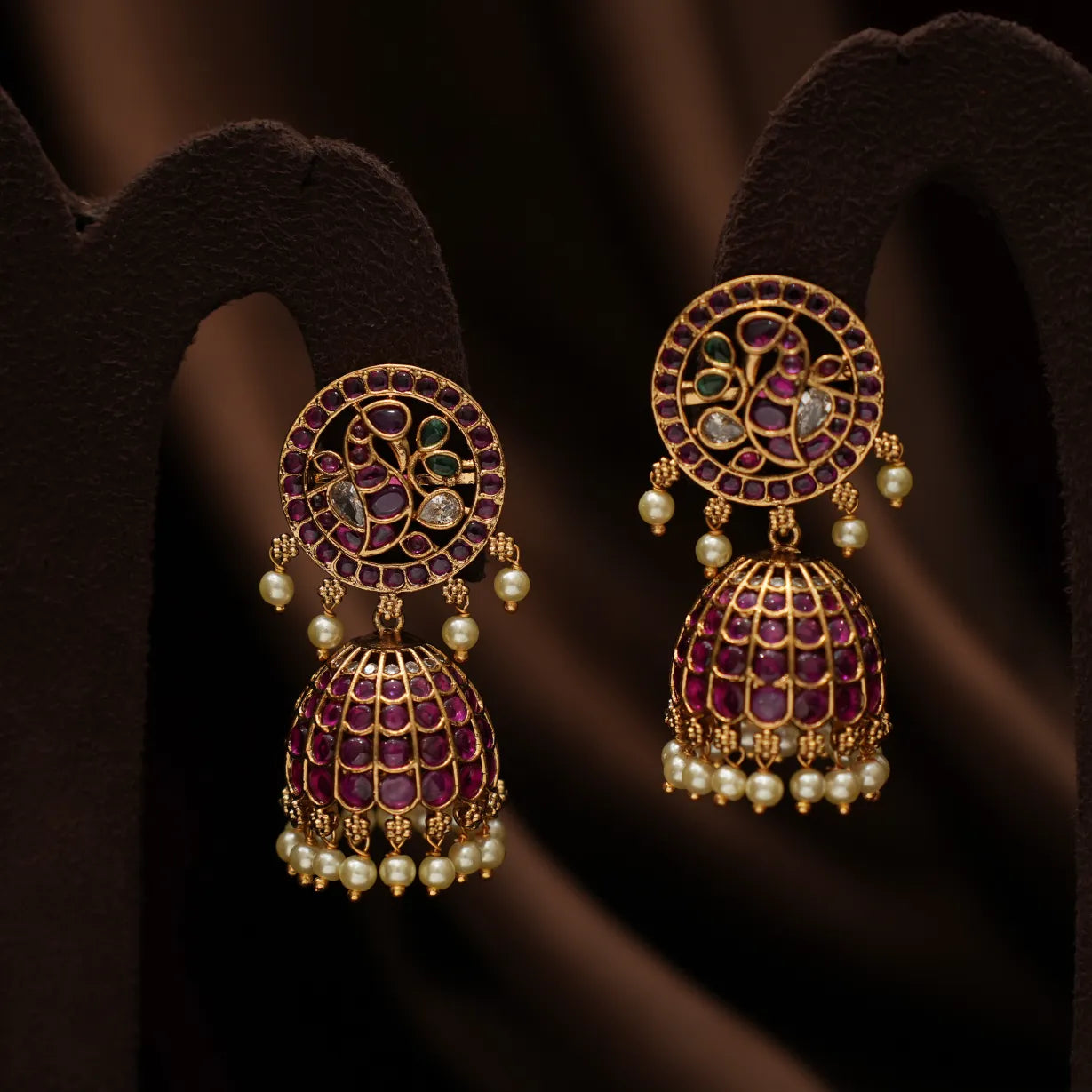 Hridya Antique Jhumka Earrings - Red & Green