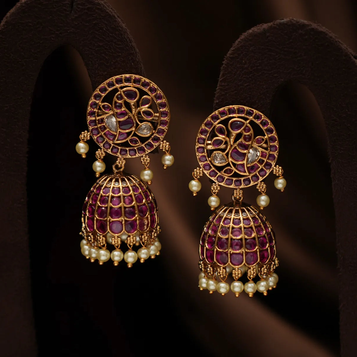 Hridya Antique Jhumka Earrings - Red & White