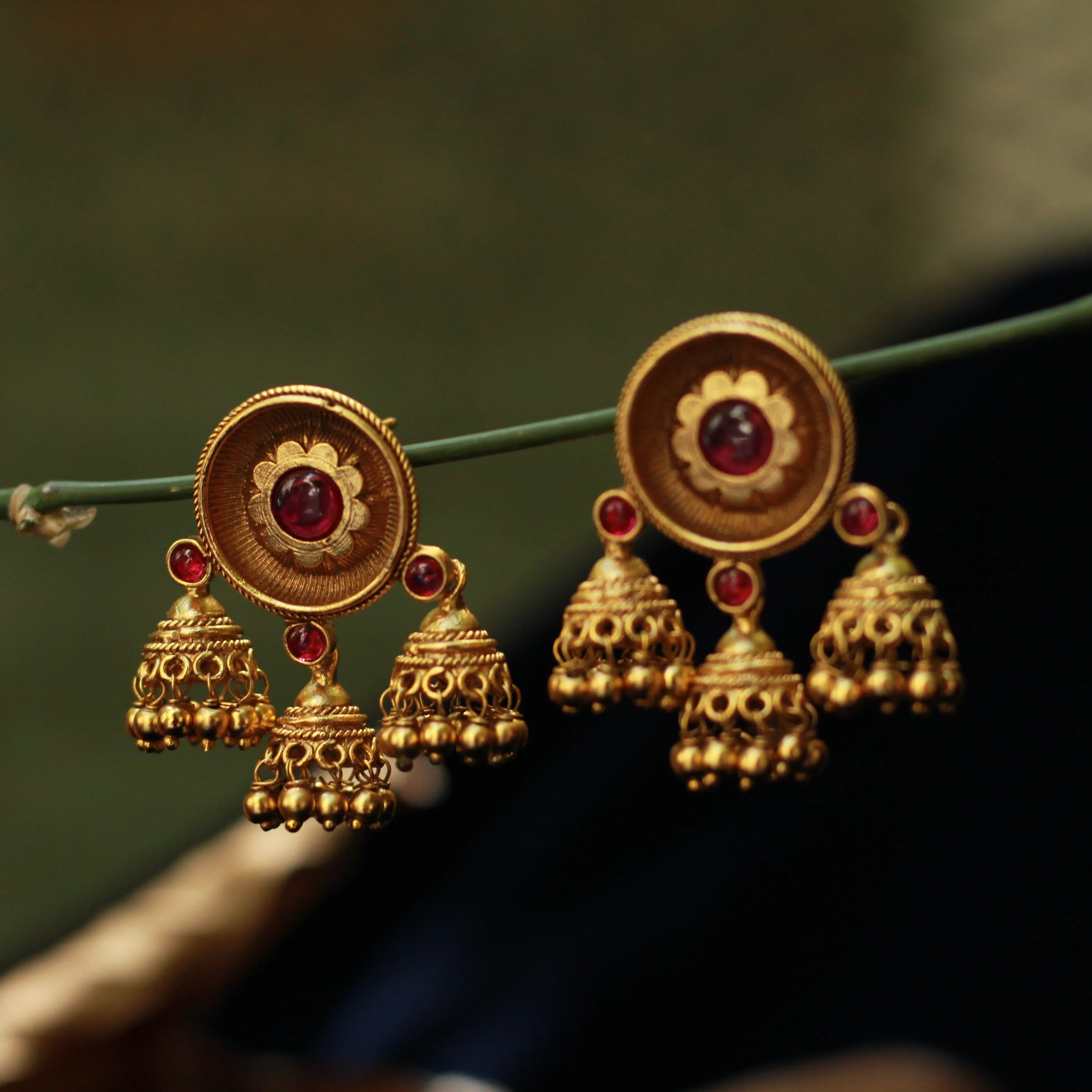 Red Triplet Jhumka - Rimli Boutique
