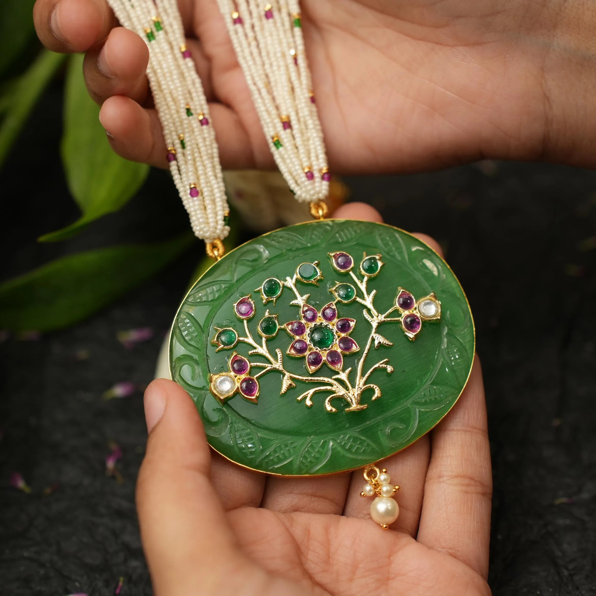 Jishnu Pearl Polki Necklace - Green