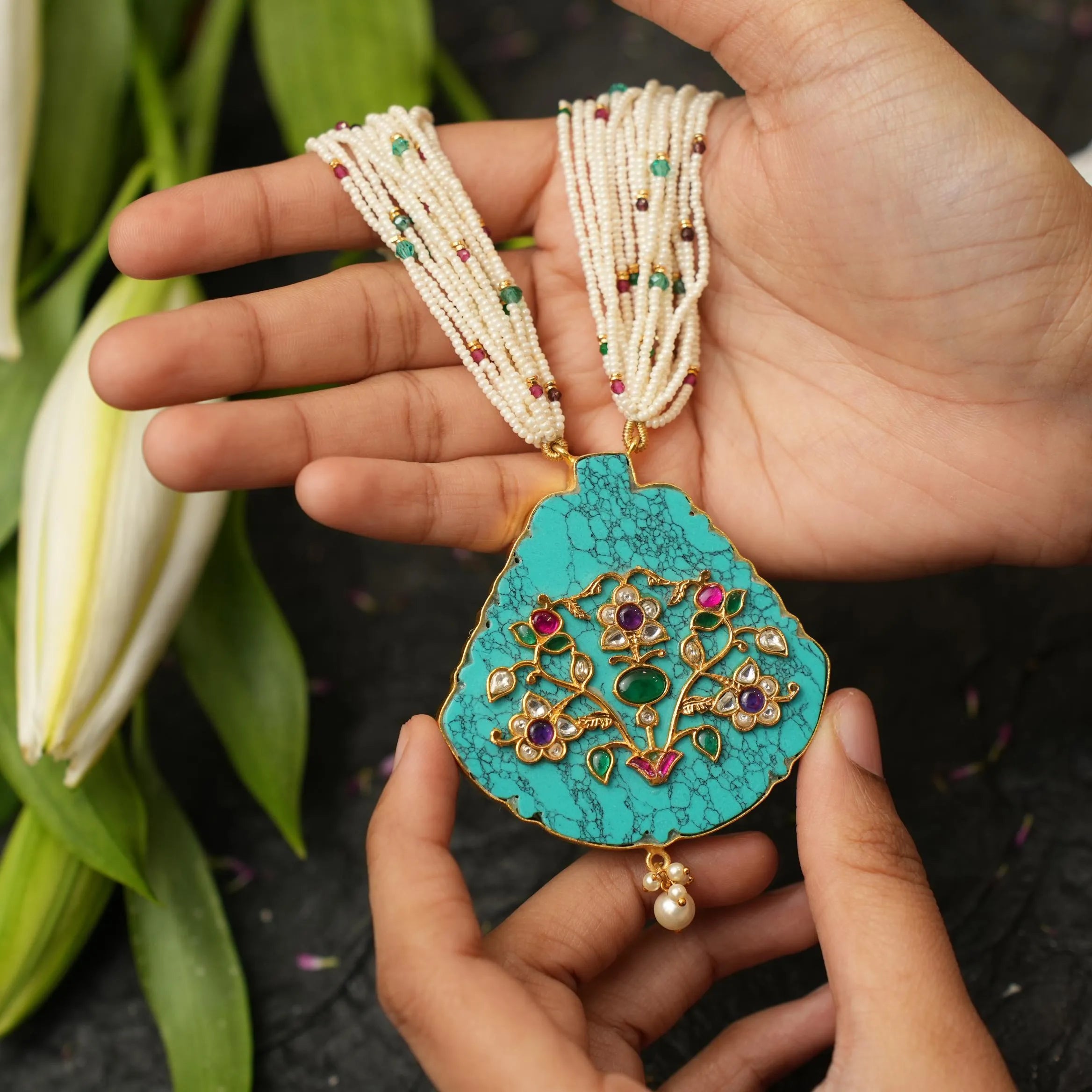 Jishnu Pearl Polki Necklace - Turquoise