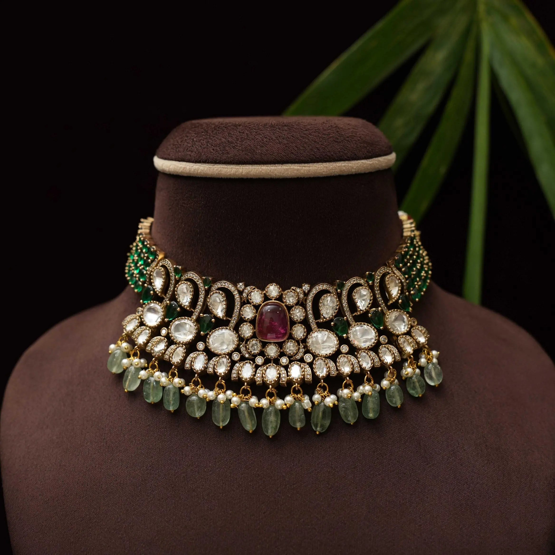 Jivanta Victorian Polki Choker - Dark Green