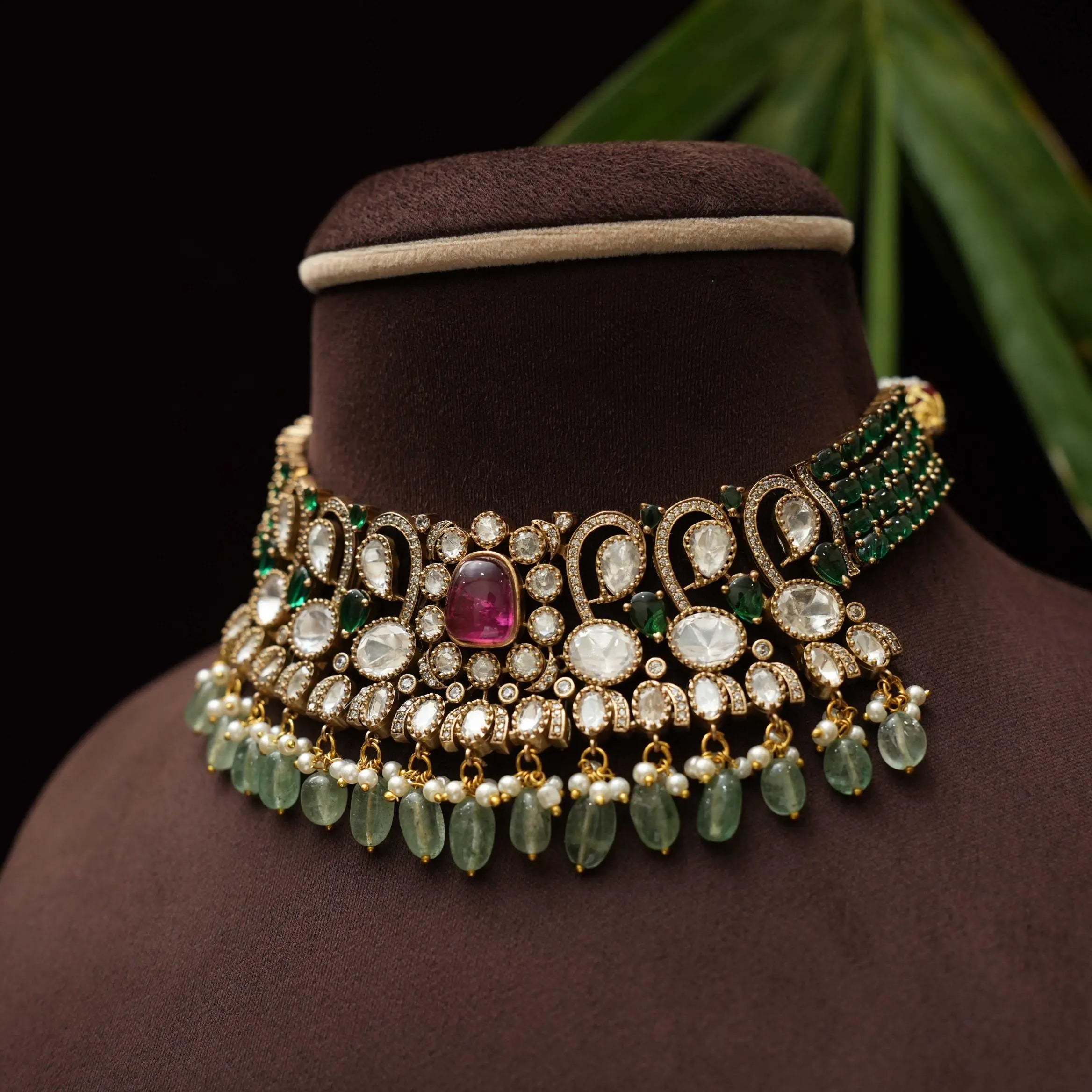 Jivanta Victorian Polki Choker - Dark Green
