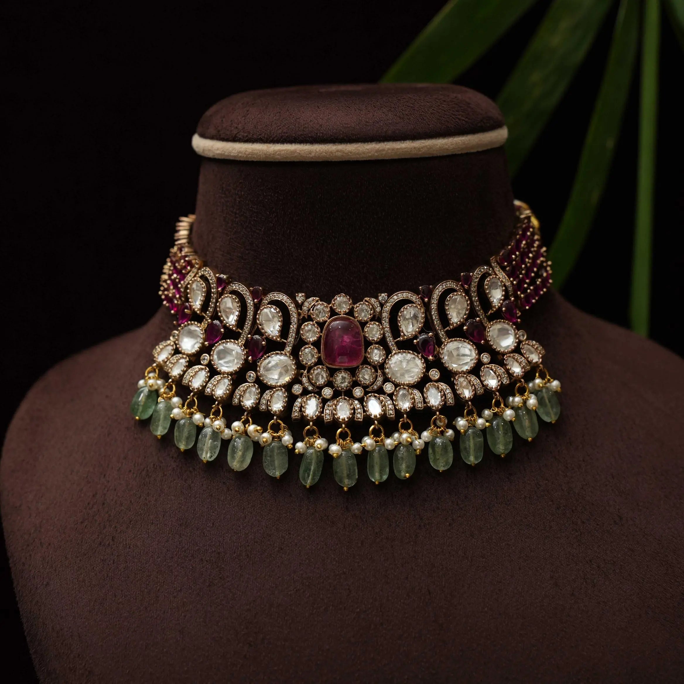 Jivanta Victorian Polki Choker - Red