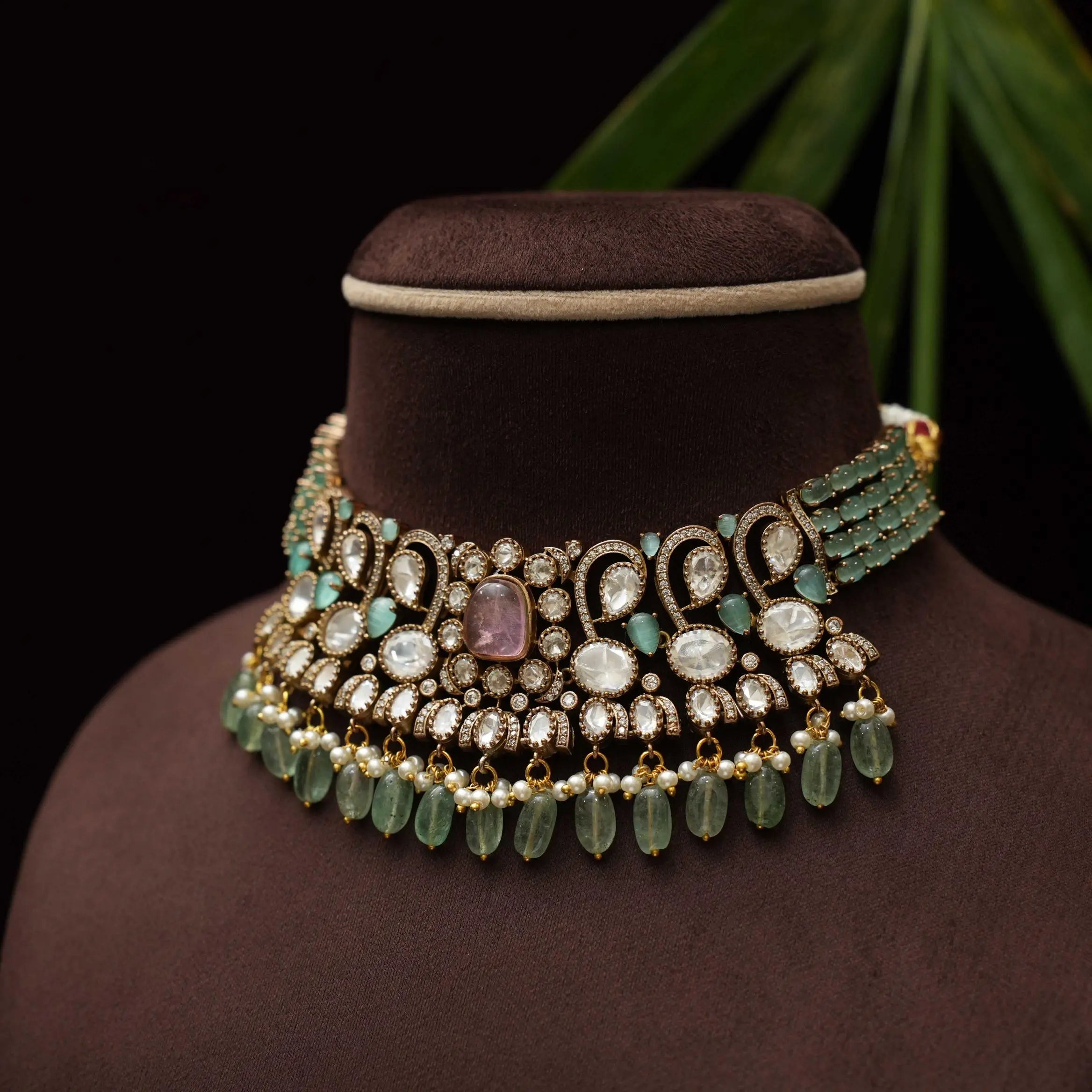Jivanta Victorian Polki Choker - Pastel Green