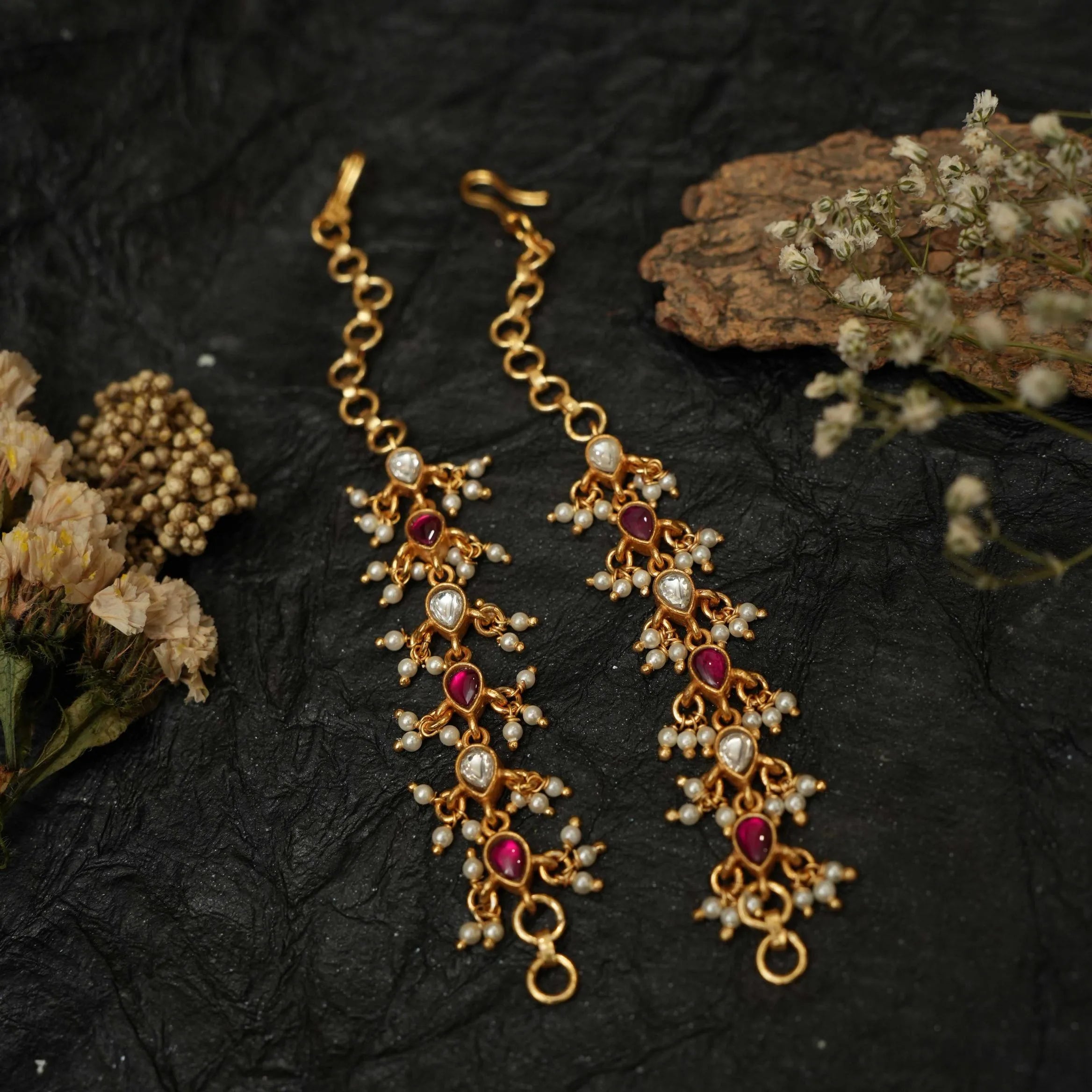 Julia Silver Ear Chain - Red & White