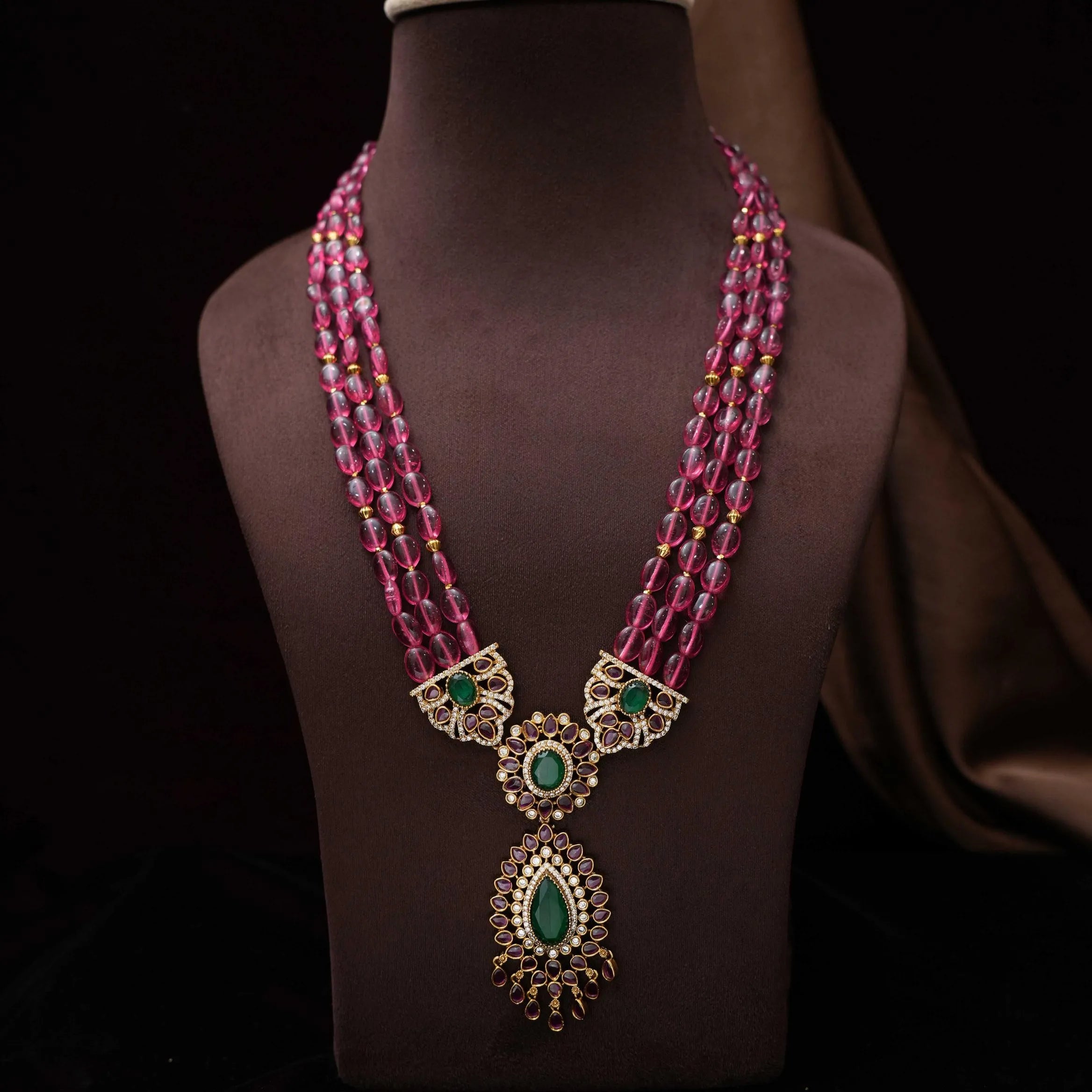 Kabutari Polki Beaded Necklace - Reddish Pink