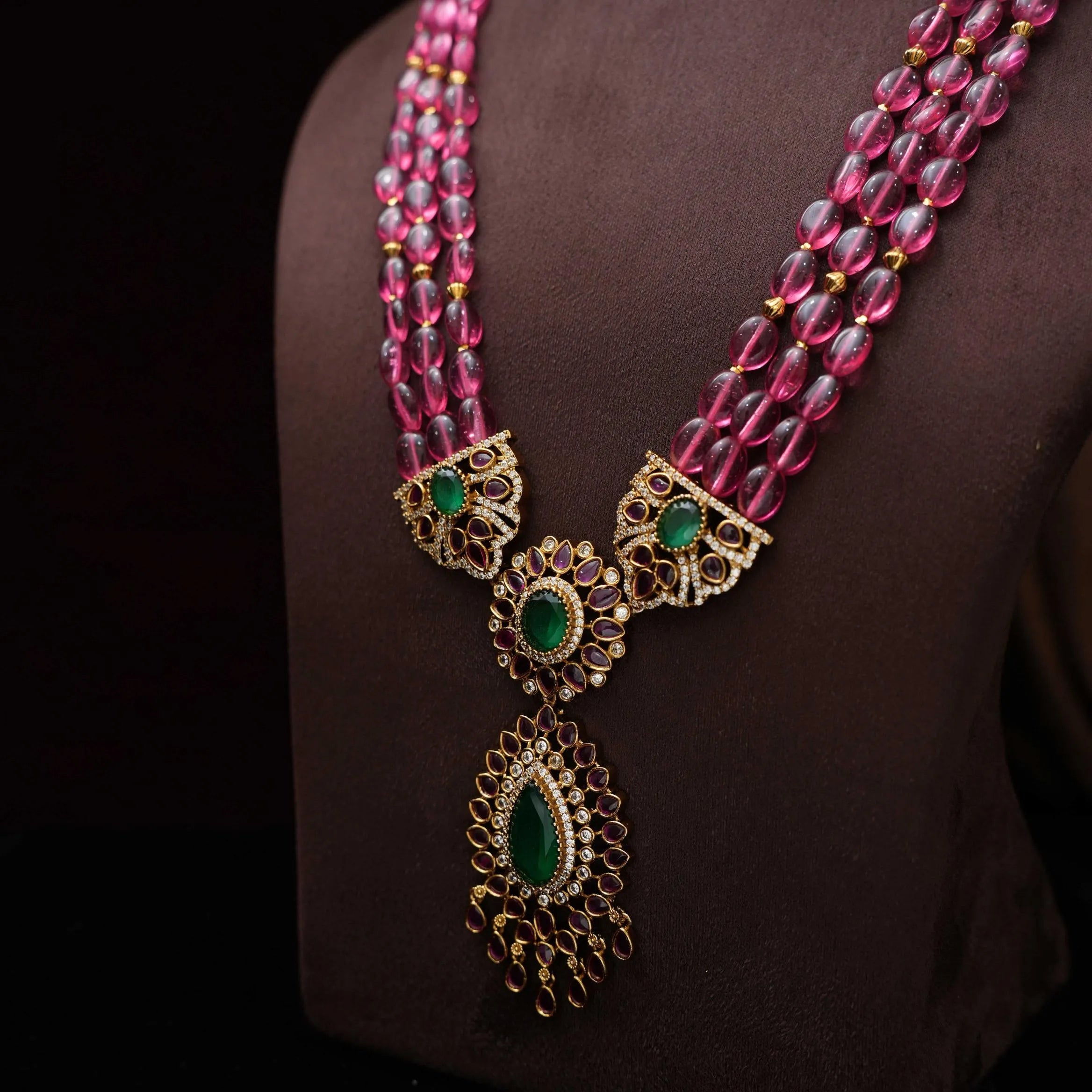 Kabutari Polki Beaded Necklace - Reddish Pink