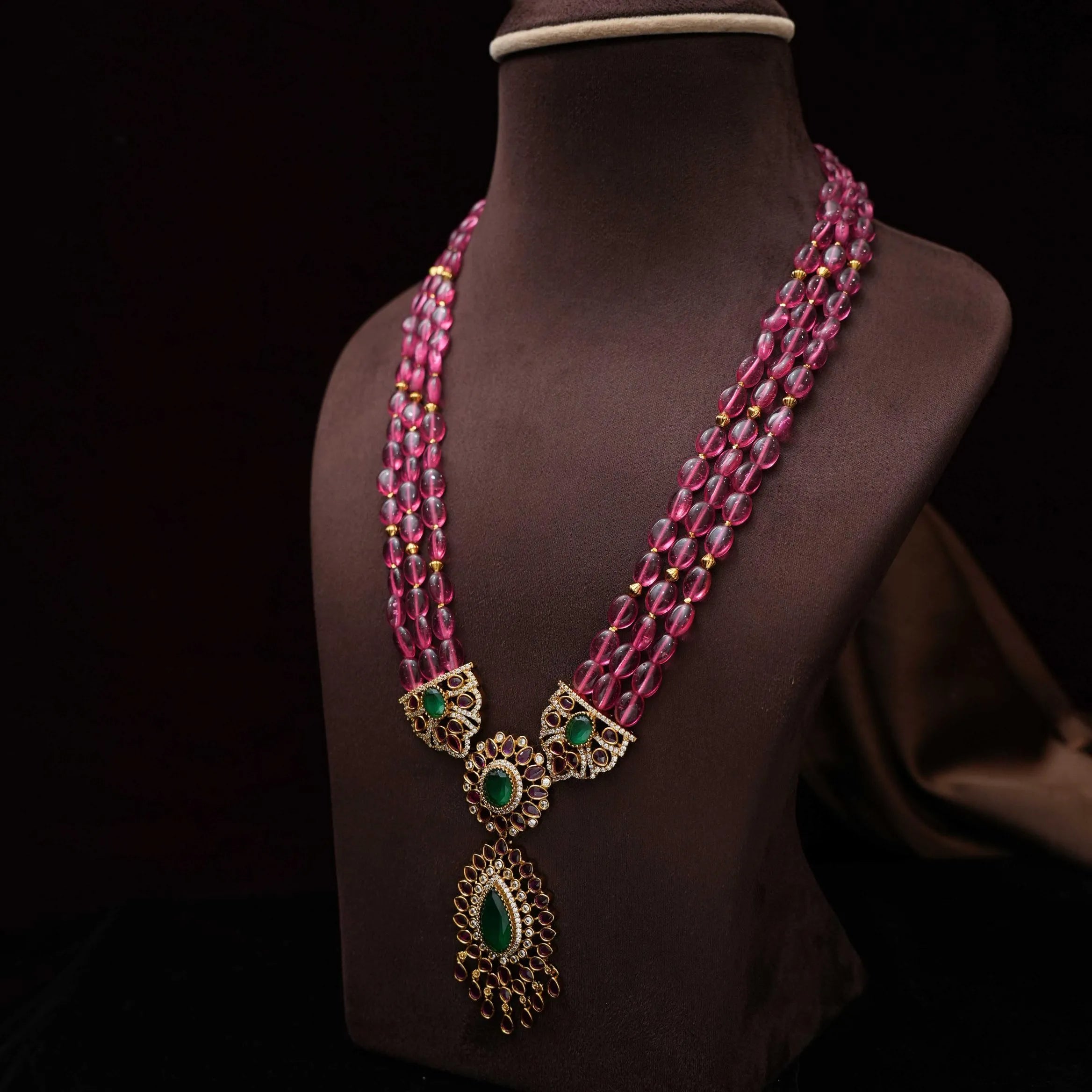 Kabutari Polki Beaded Necklace - Reddish Pink
