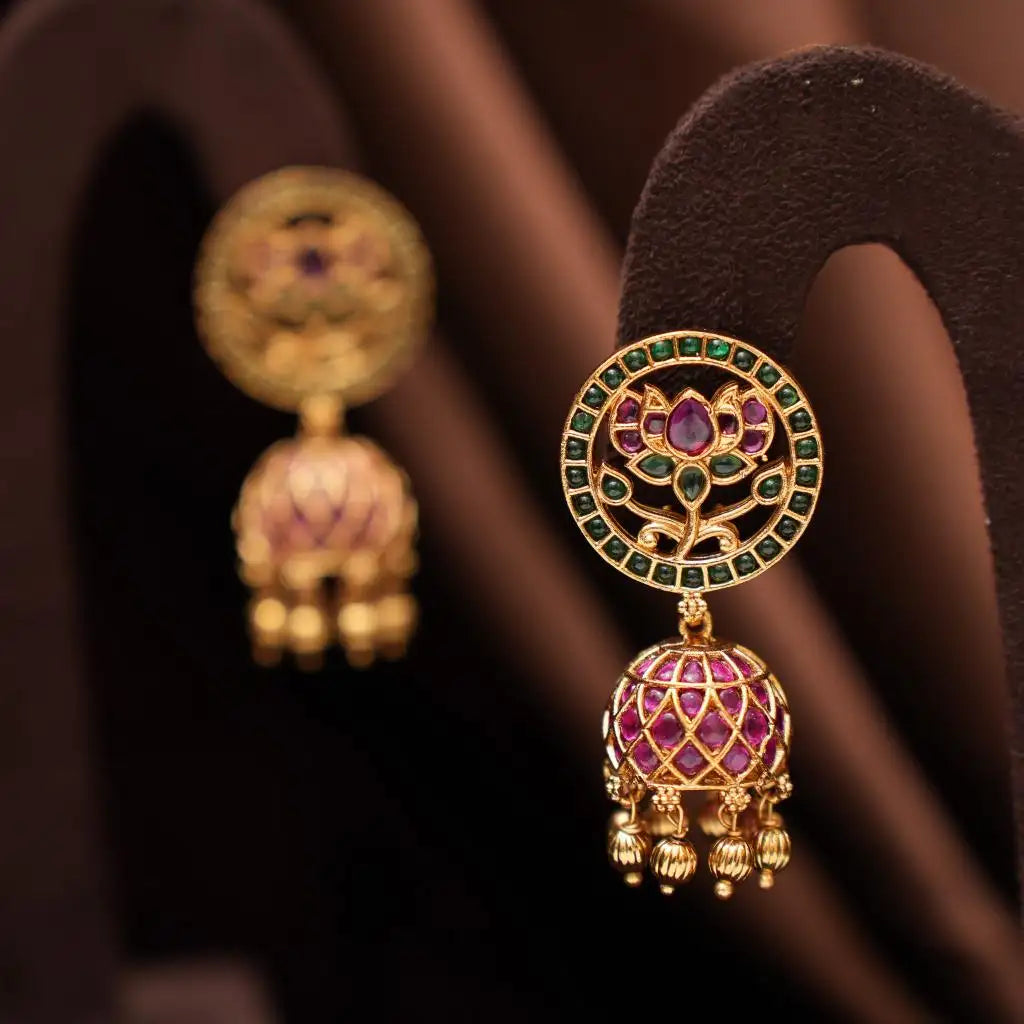 Keshini Antique Jhumka Earrings - Red & Green