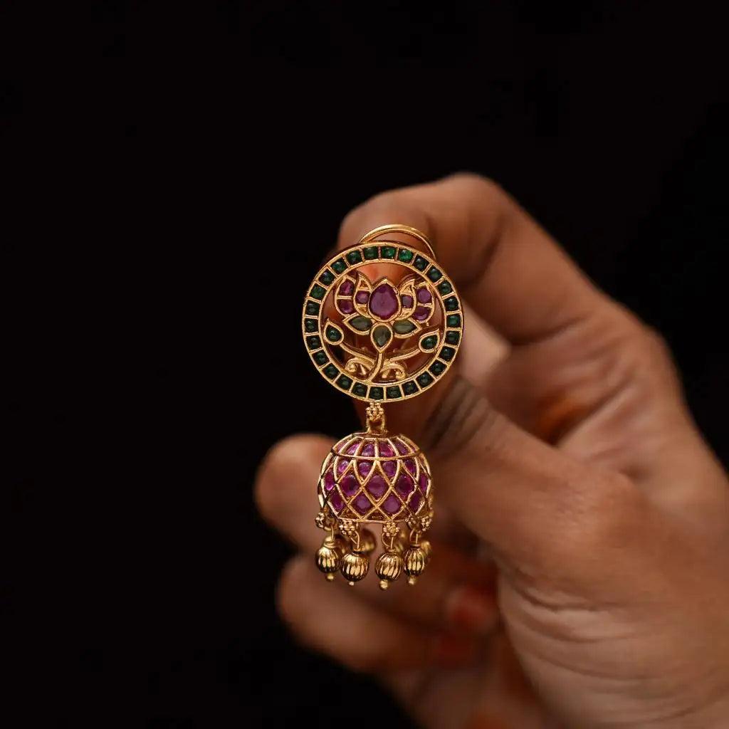 Keshini Antique Jhumka Earrings - Red & Green