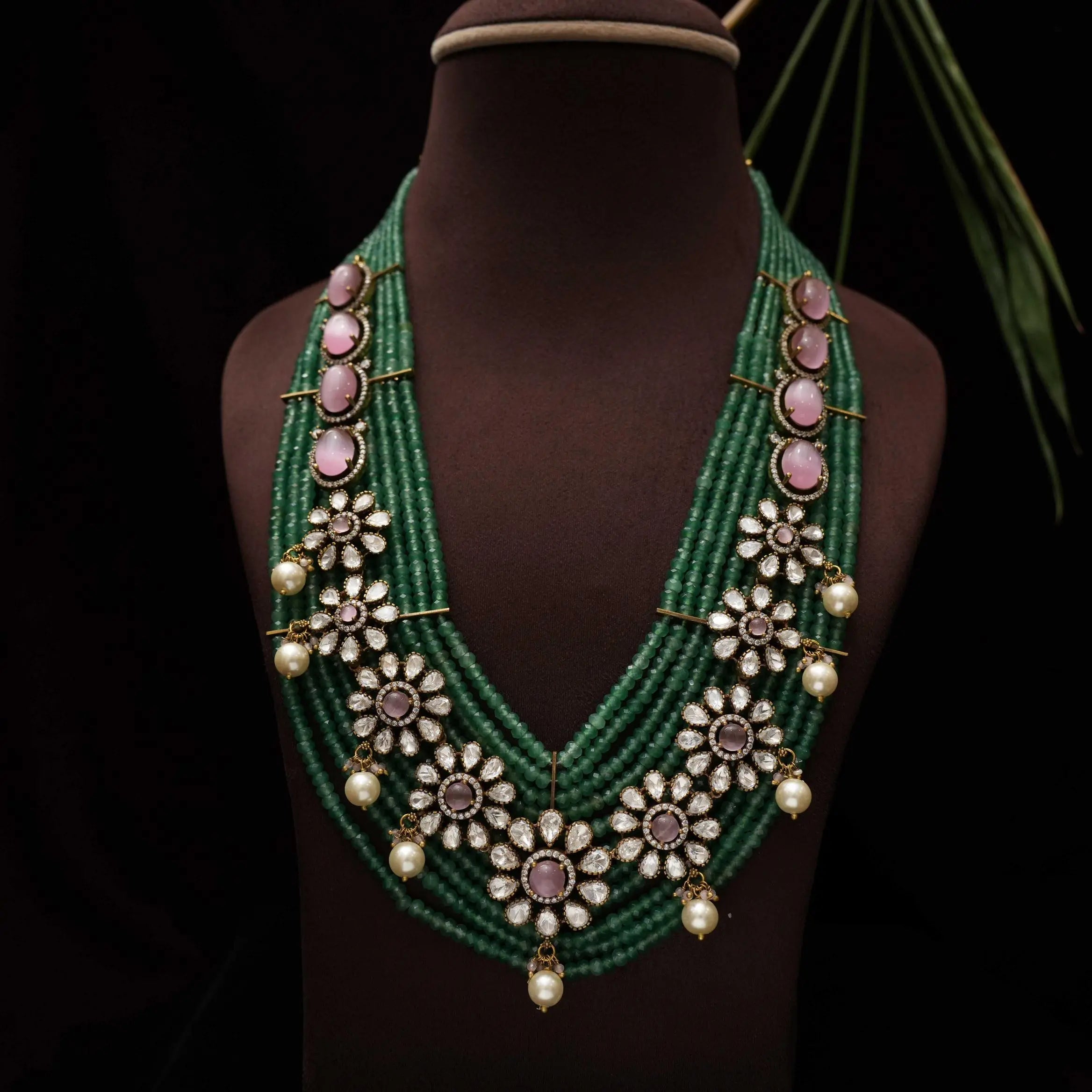 Keziya Beaded Polki Necklace - Green & Pink