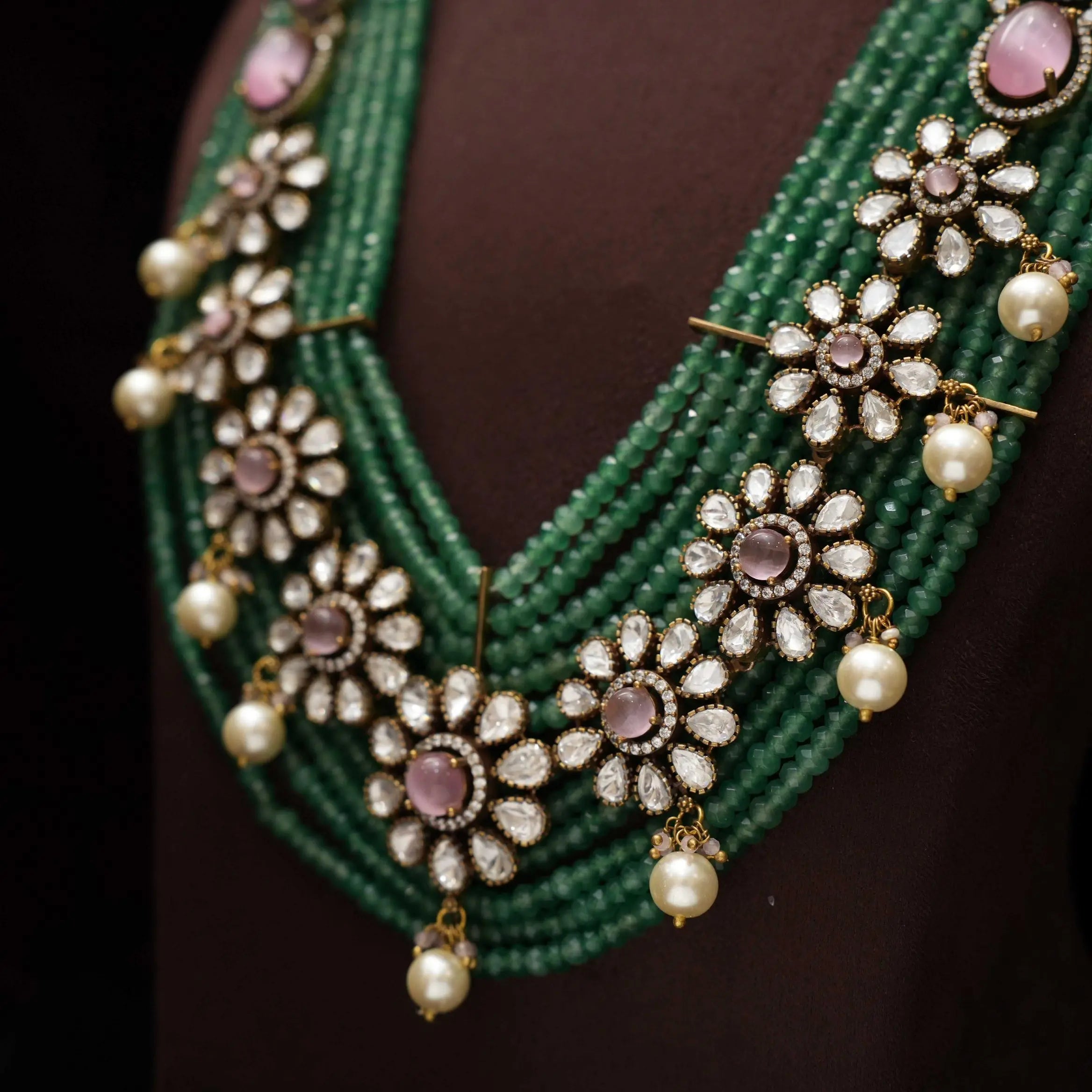 Keziya Beaded Polki Necklace - Green & Pink