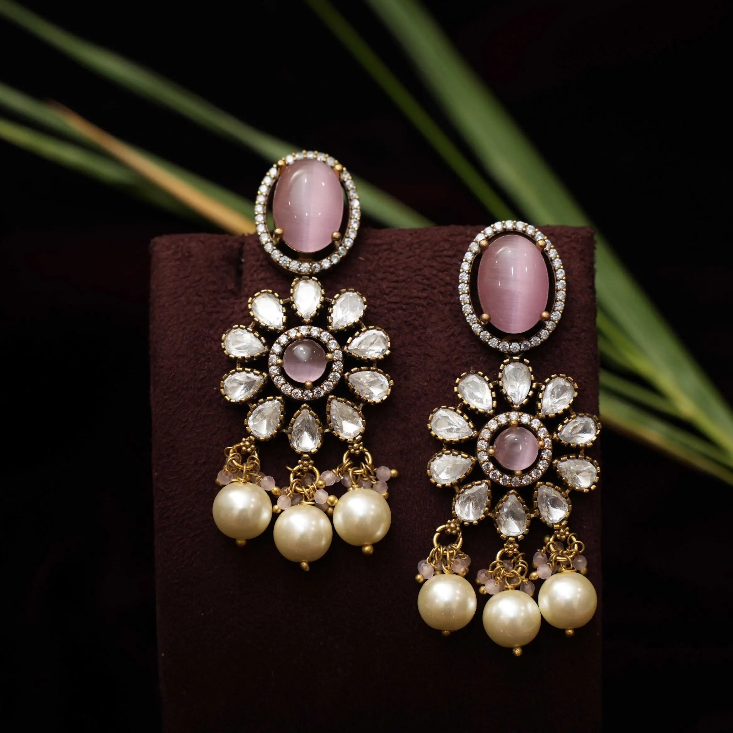 Keziya Beaded Polki Necklace - Green & Pink