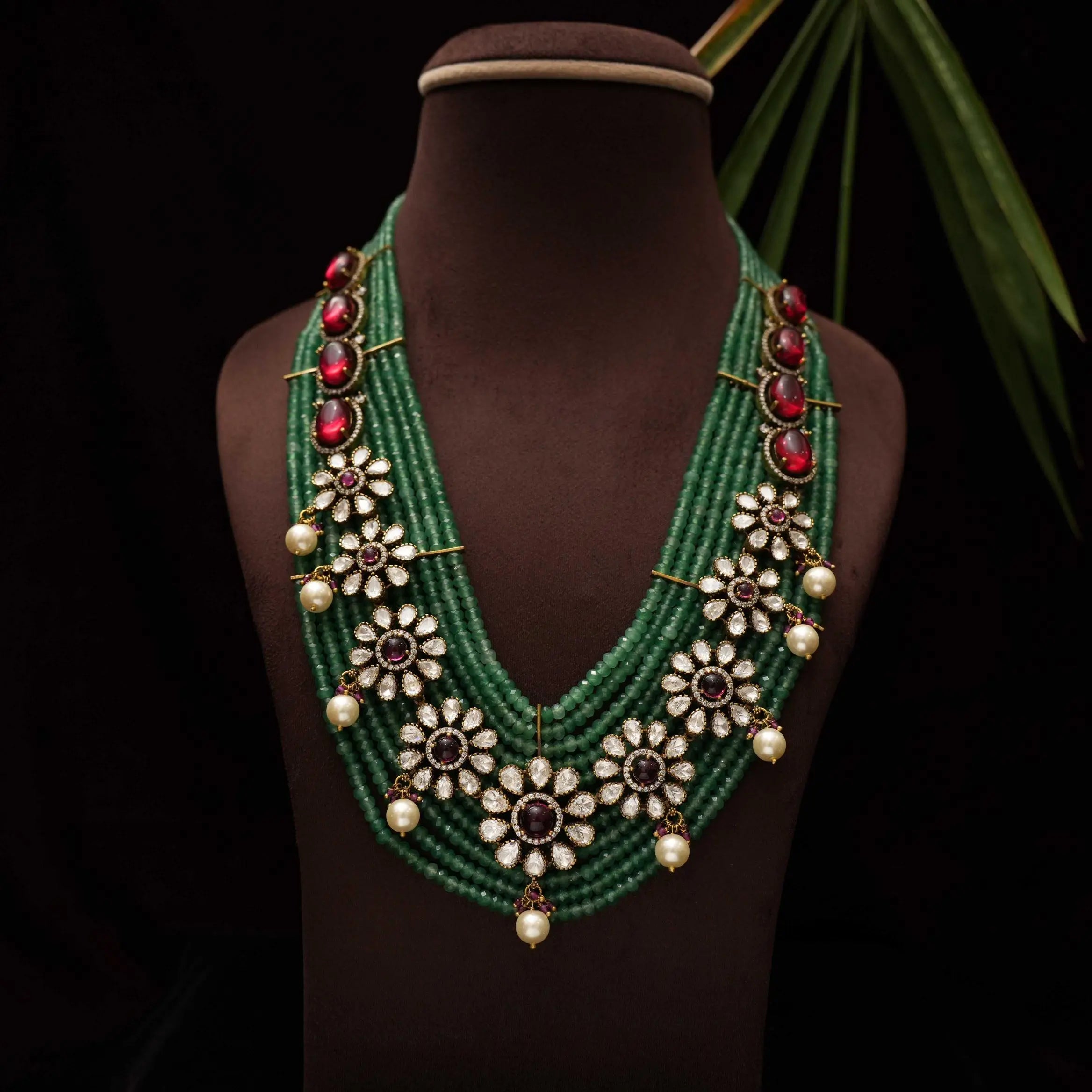 Keziya Beaded Polki Necklace - Green