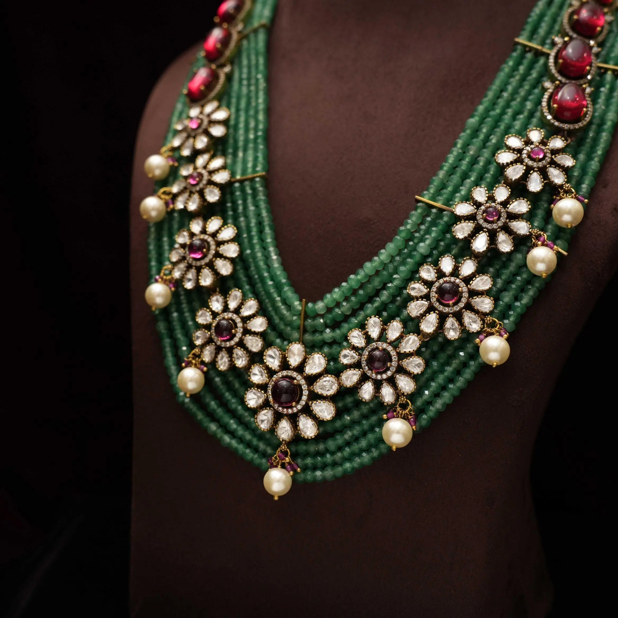 Keziya Beaded Polki Necklace - Green