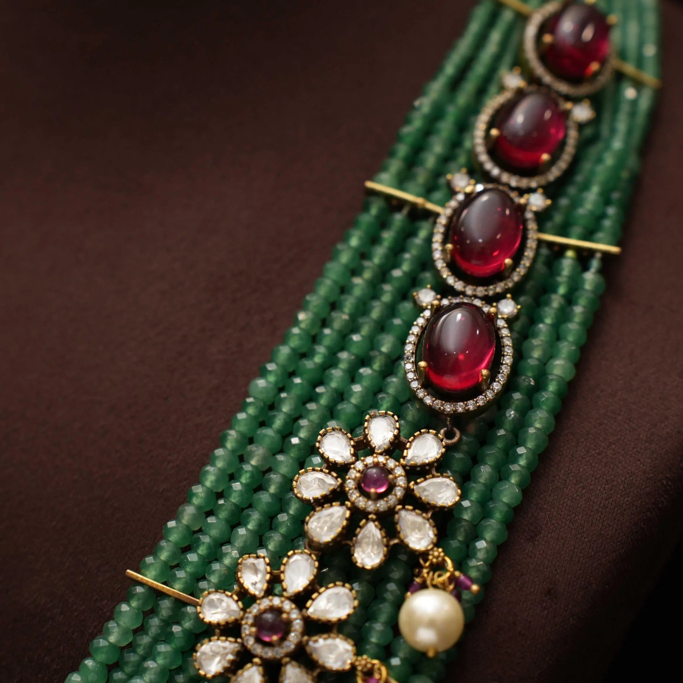 Keziya Beaded Polki Necklace - Green