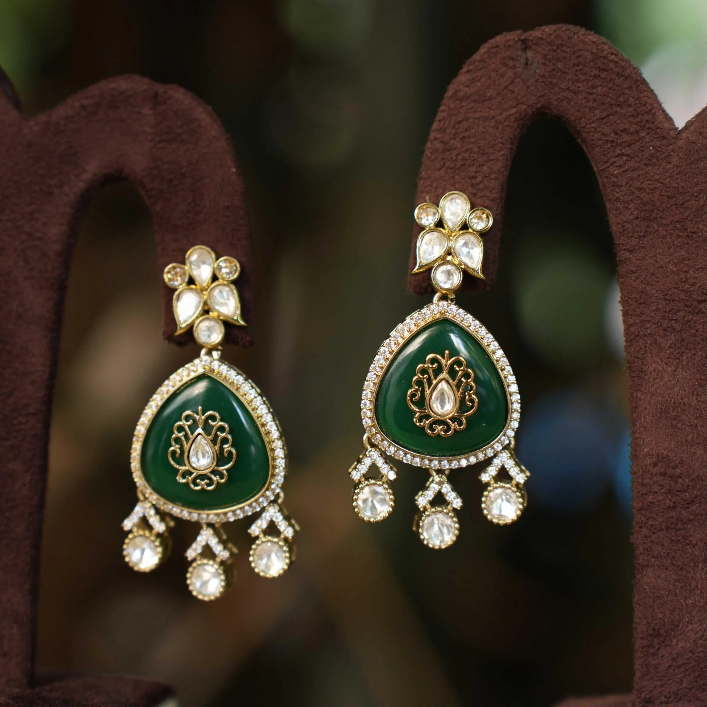 Kimaya Designer Polki Earrings - Dark Green